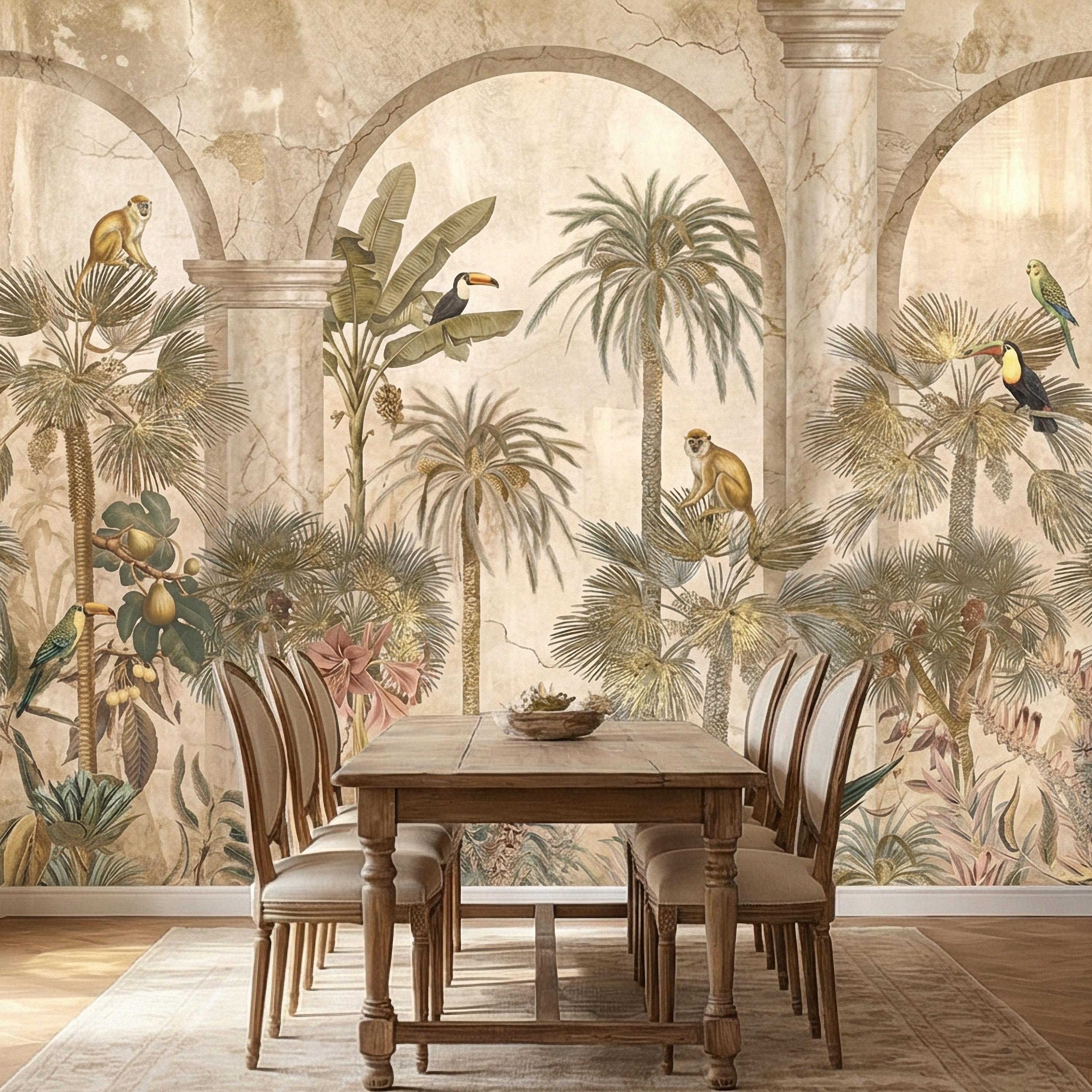 Tropical Jungle Peel and Stick Wall Mural, Vintage Palm Tree Monkeys and Toucans, Arched Fresco Style Wallpaper