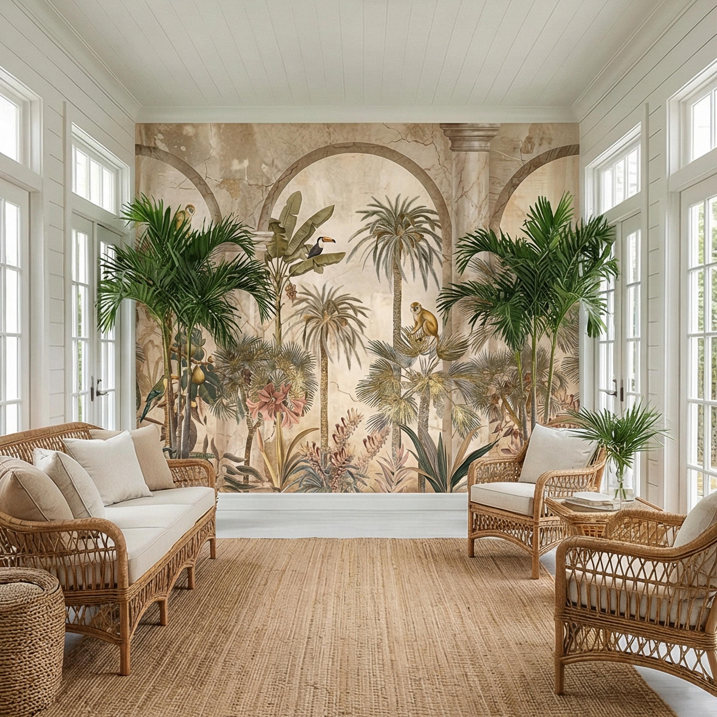 Tropical Jungle Peel and Stick Wall Mural, Vintage Palm Tree Monkeys and Toucans, Arched Fresco Style Wallpaper