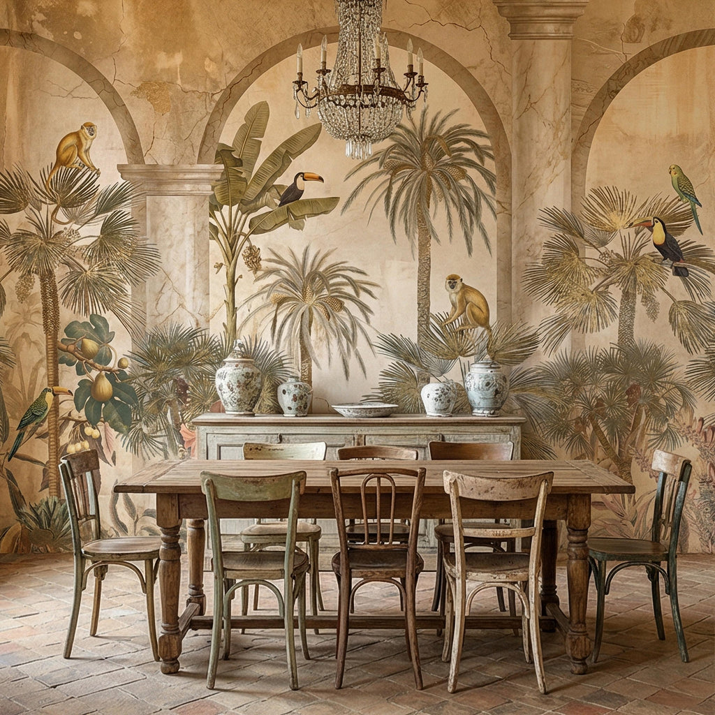 Tropical Jungle Peel and Stick Wall Mural, Vintage Palm Tree Monkeys and Toucans, Arched Fresco Style Wallpaper