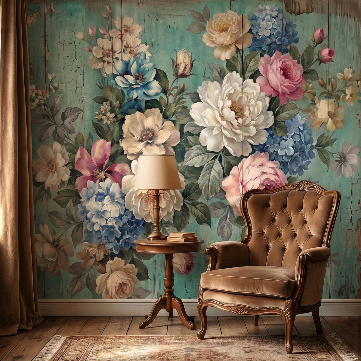 Vintage Distressed Turquoise Wood Floral Bouquet Peel and Stick Wall Mural, Shabby Chic Peony Rose Hydrangea Cottagecore Farmhouse Wallpaper - The Fine Art Murals