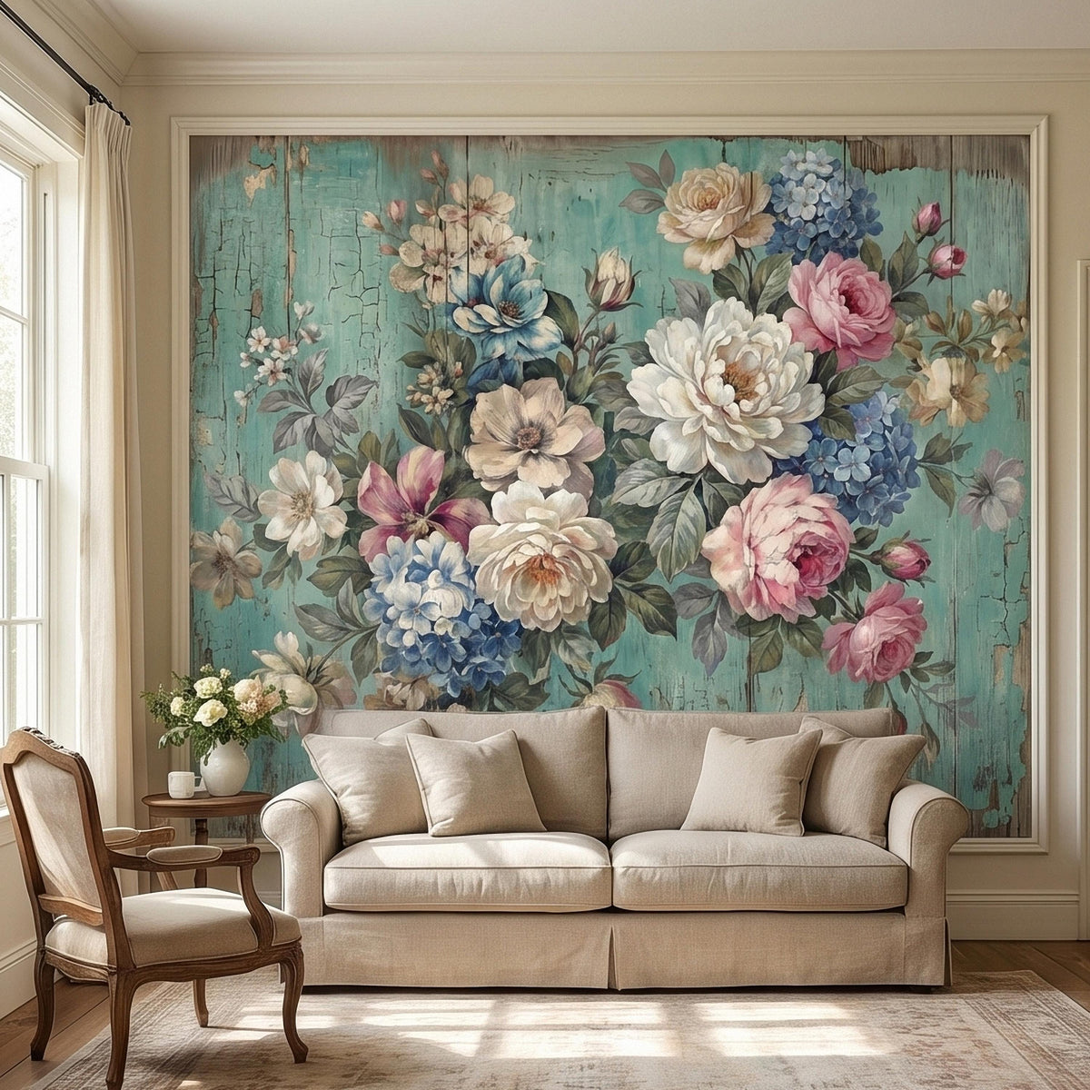Vintage Distressed Turquoise Wood Floral Bouquet Peel and Stick Wall Mural, Shabby Chic Peony Rose Hydrangea Cottagecore Farmhouse Wallpaper - The Fine Art Murals