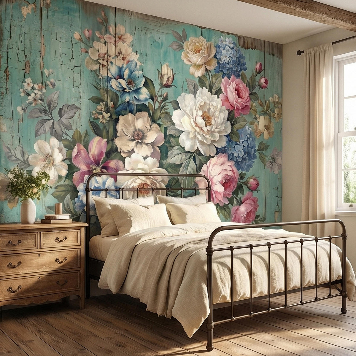 Vintage Distressed Turquoise Wood Floral Bouquet Peel and Stick Wall Mural, Shabby Chic Peony Rose Hydrangea Cottagecore Farmhouse Wallpaper - The Fine Art Murals