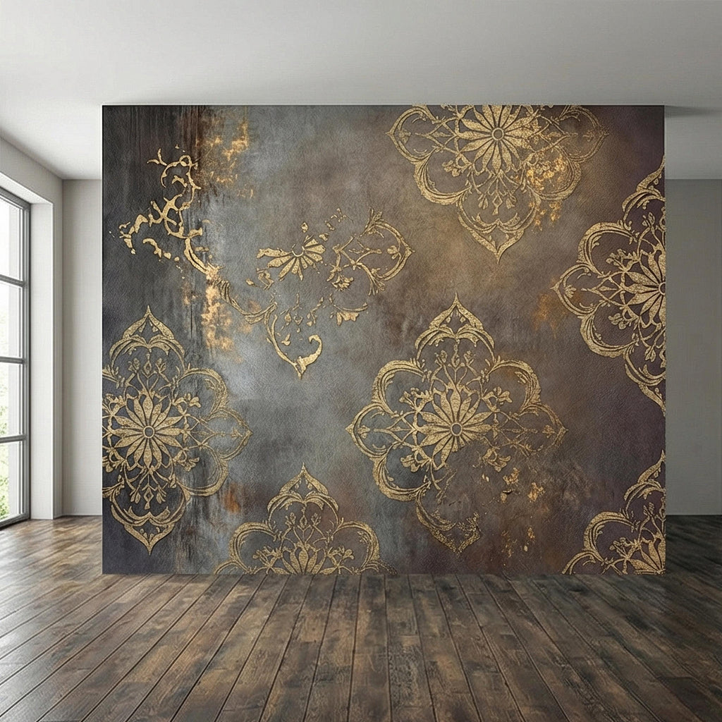 Moroccan Peel and Stick Wall Mural, Dark Vintage Medallion, Distressed Ornamental, Boho Gothic Wallpaper