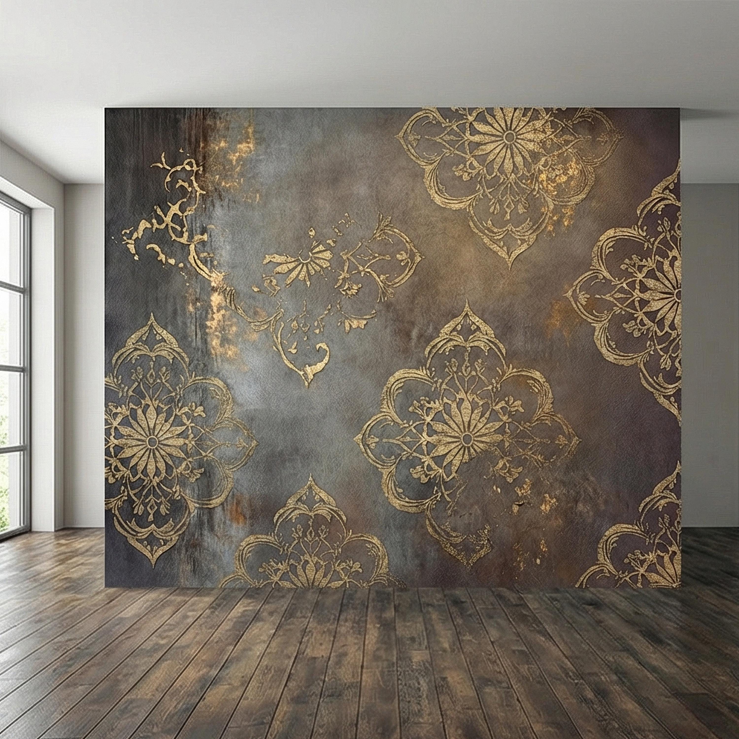 Moroccan Peel and Stick Wall Mural, Dark Vintage Medallion, Distressed Ornamental, Boho Gothic Wallpaper