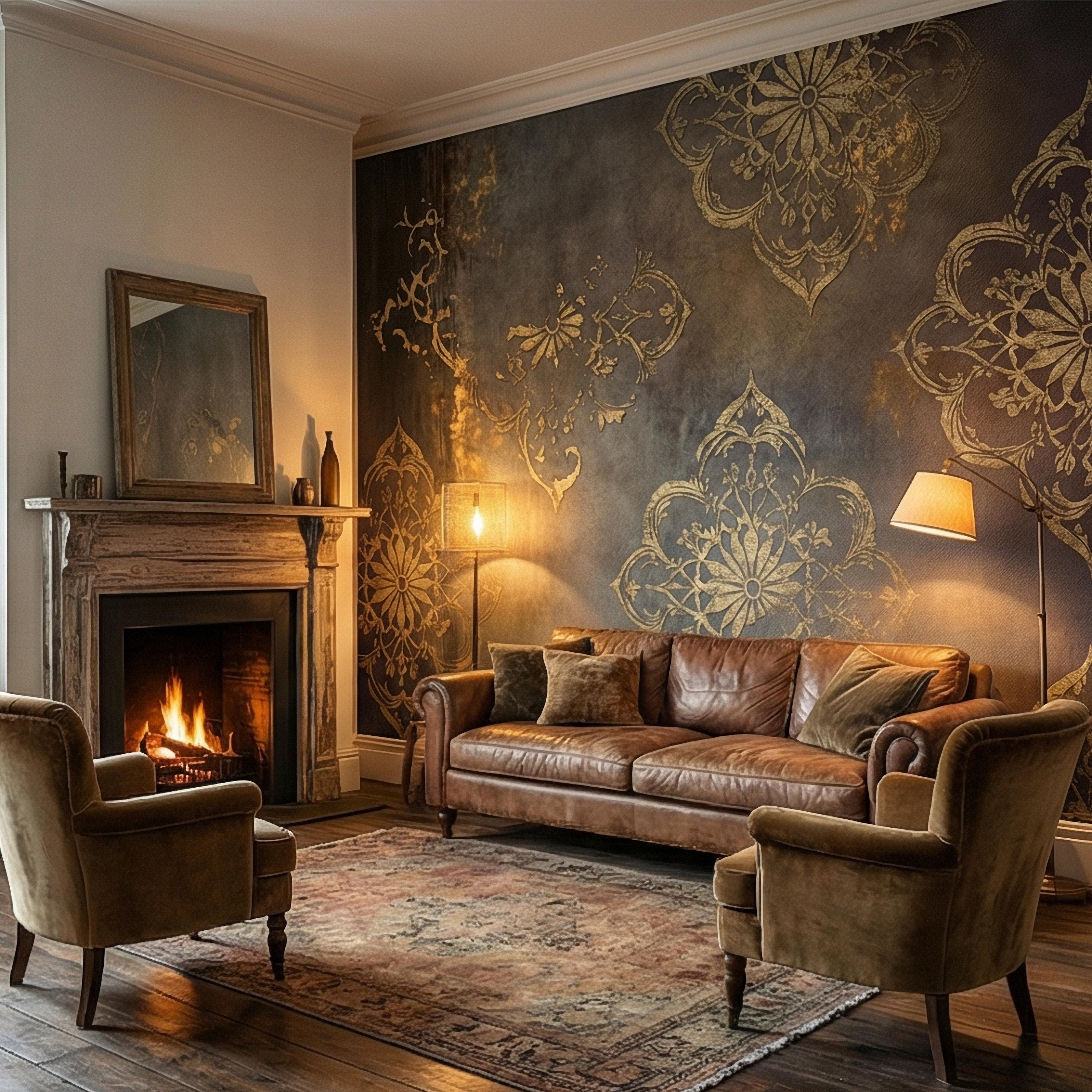 Moroccan Peel and Stick Wall Mural, Dark Vintage Medallion, Distressed Ornamental, Boho Gothic Wallpaper