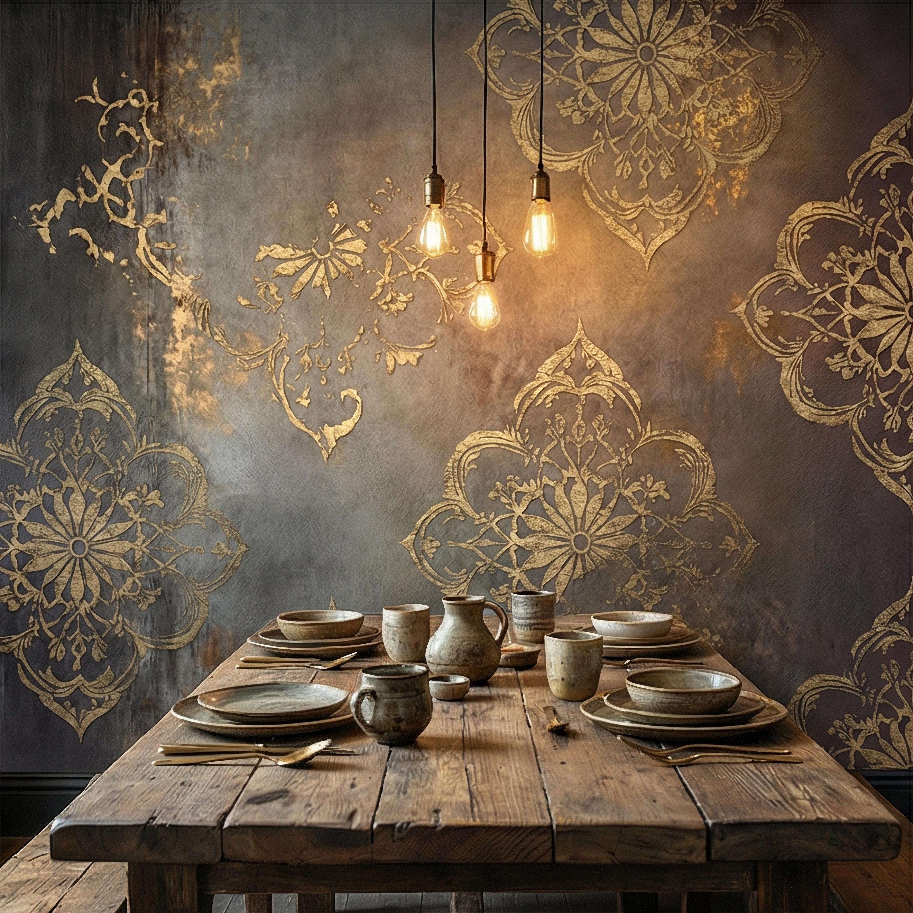Moroccan Peel and Stick Wall Mural, Dark Vintage Medallion, Distressed Ornamental, Boho Gothic Wallpaper