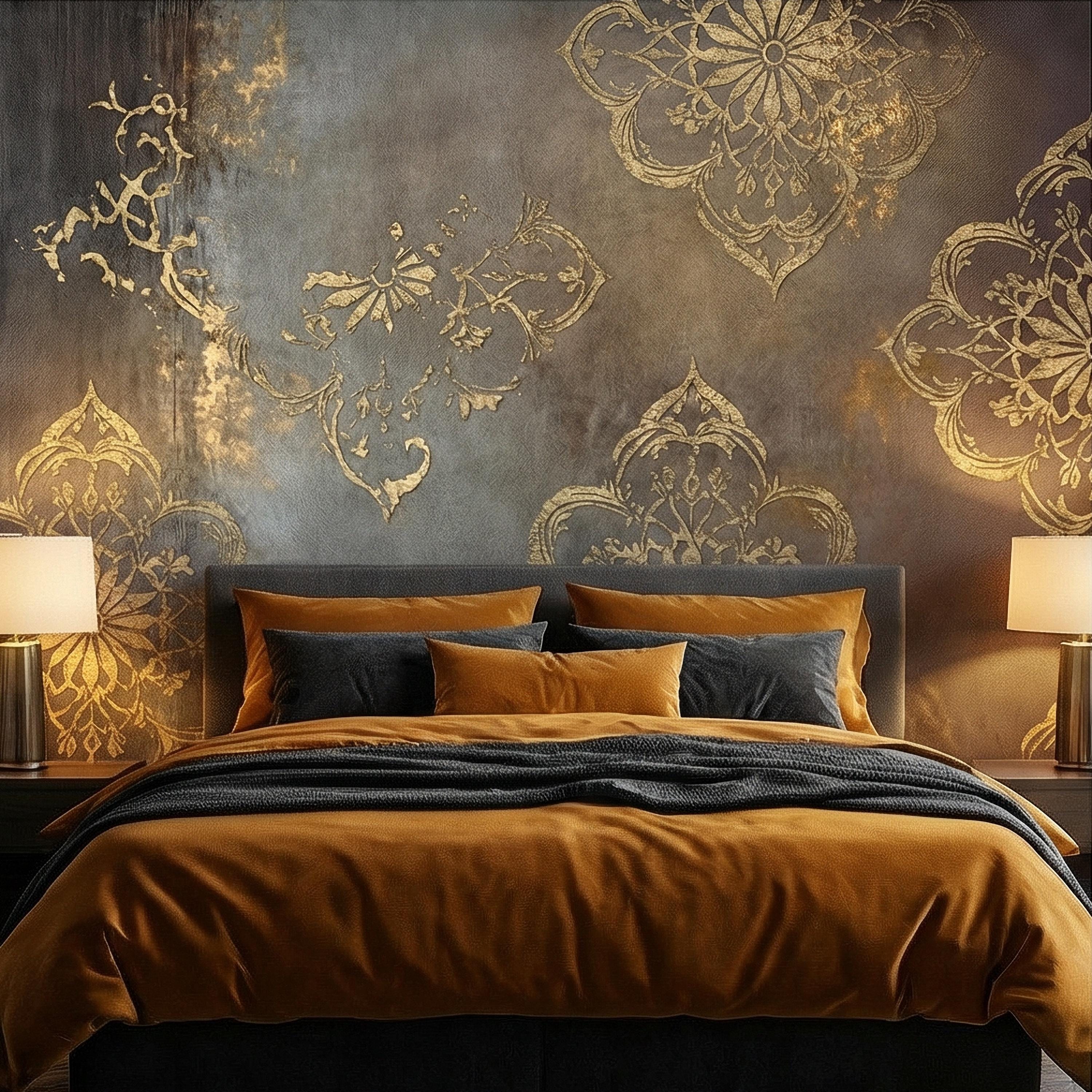 Moroccan Peel and Stick Wall Mural, Dark Vintage Medallion, Distressed Ornamental, Boho Gothic Wallpaper