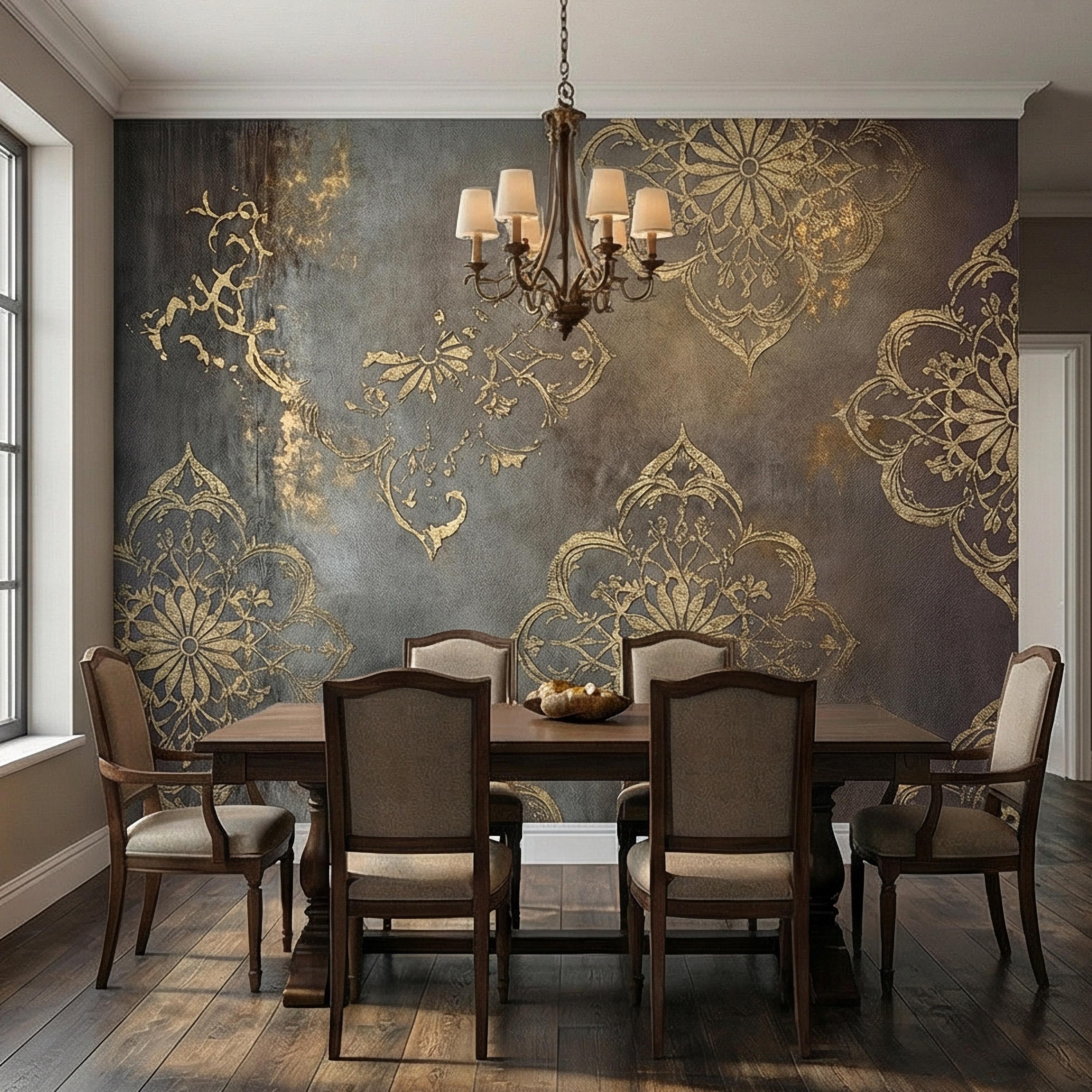 Moroccan Peel and Stick Wall Mural, Dark Vintage Medallion, Distressed Ornamental, Boho Gothic Wallpaper