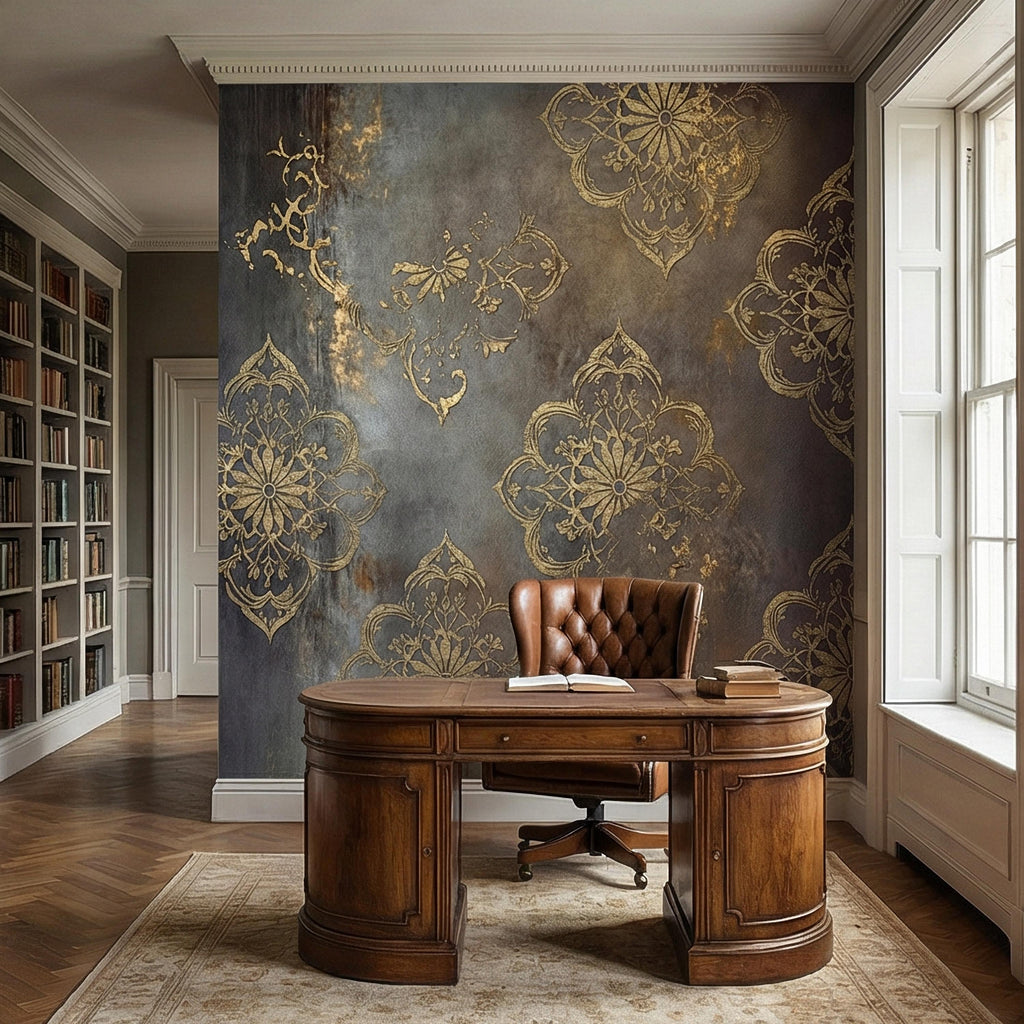 Moroccan Peel and Stick Wall Mural, Dark Vintage Medallion, Distressed Ornamental, Boho Gothic Wallpaper