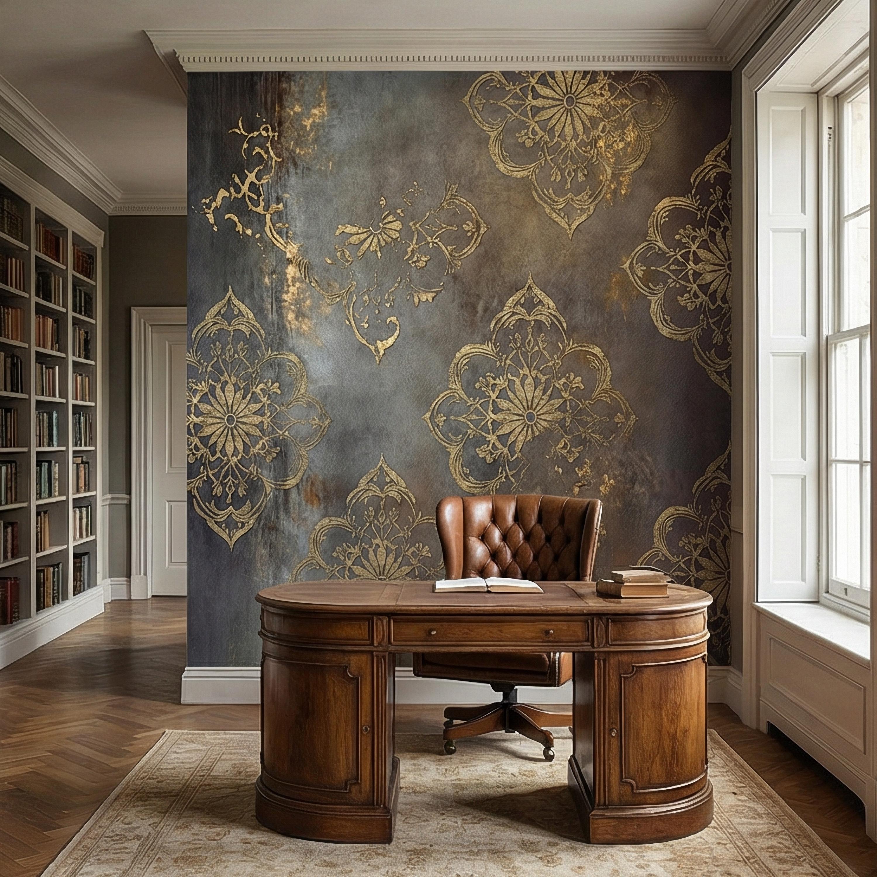 Moroccan Peel and Stick Wall Mural, Dark Vintage Medallion, Distressed Ornamental, Boho Gothic Wallpaper