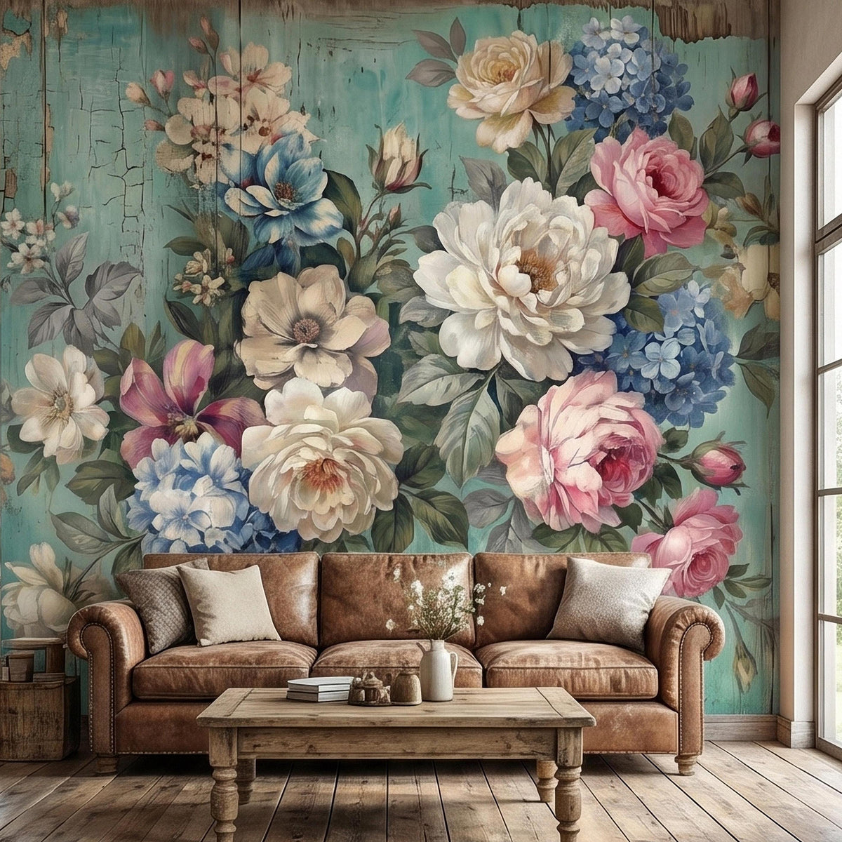 Vintage Distressed Turquoise Wood Floral Bouquet Peel and Stick Wall Mural, Shabby Chic Peony Rose Hydrangea Cottagecore Farmhouse Wallpaper - The Fine Art Murals