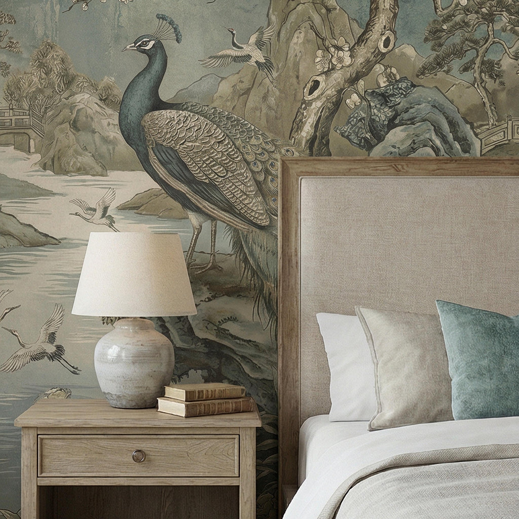 Chinoiserie Peacock Peel and Stick Wall Mural, Vintage Asian Landscape, Blossom Tree Pagoda Garden Wallpaper