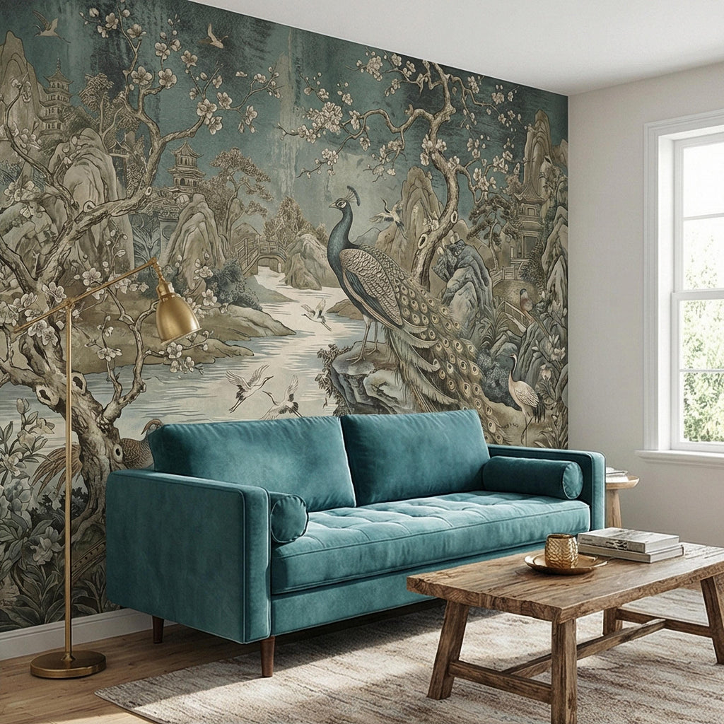 Chinoiserie Peacock Peel and Stick Wall Mural, Vintage Asian Landscape, Blossom Tree Pagoda Garden Wallpaper