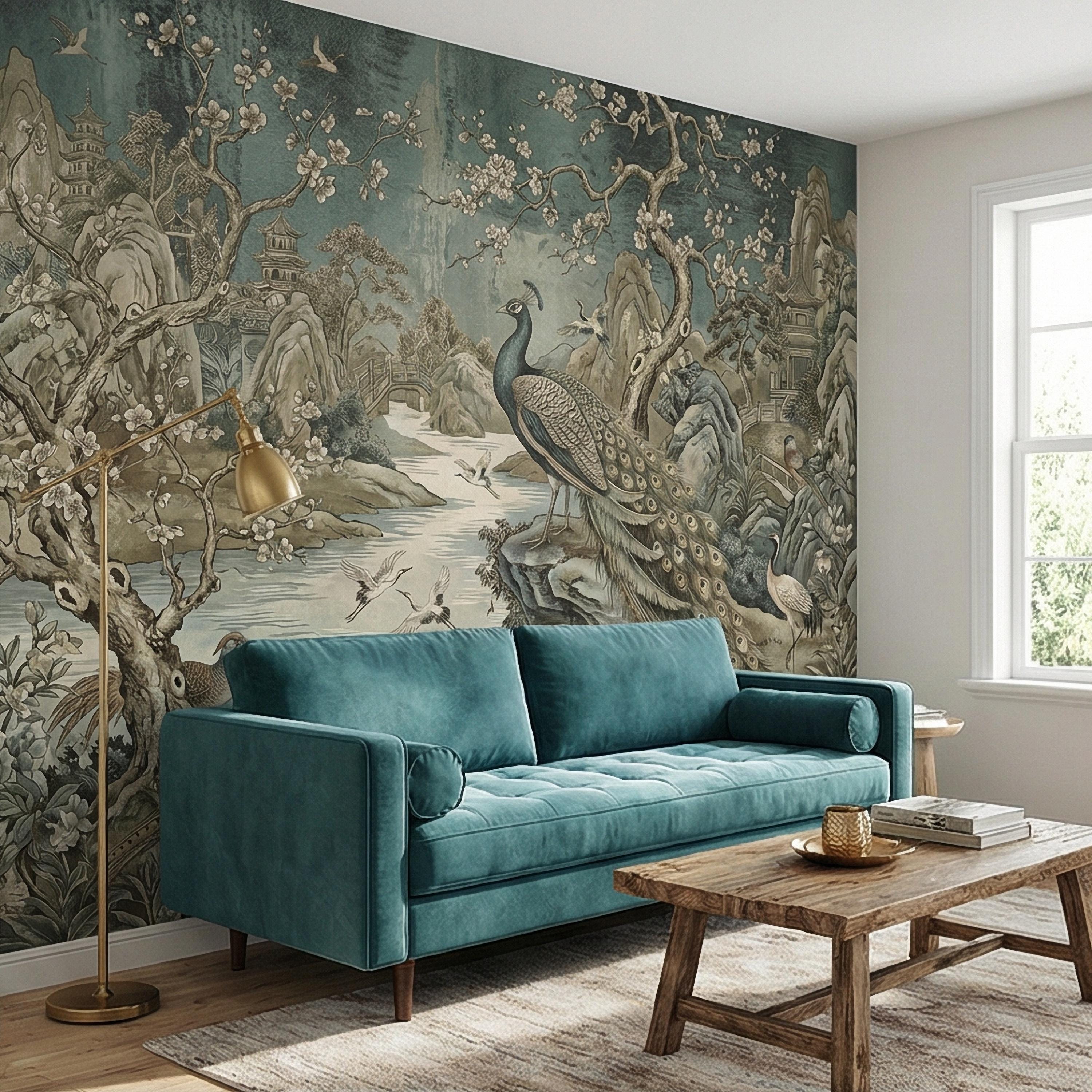 Chinoiserie Peacock Peel and Stick Wall Mural, Vintage Asian Landscape, Blossom Tree Pagoda Garden Wallpaper