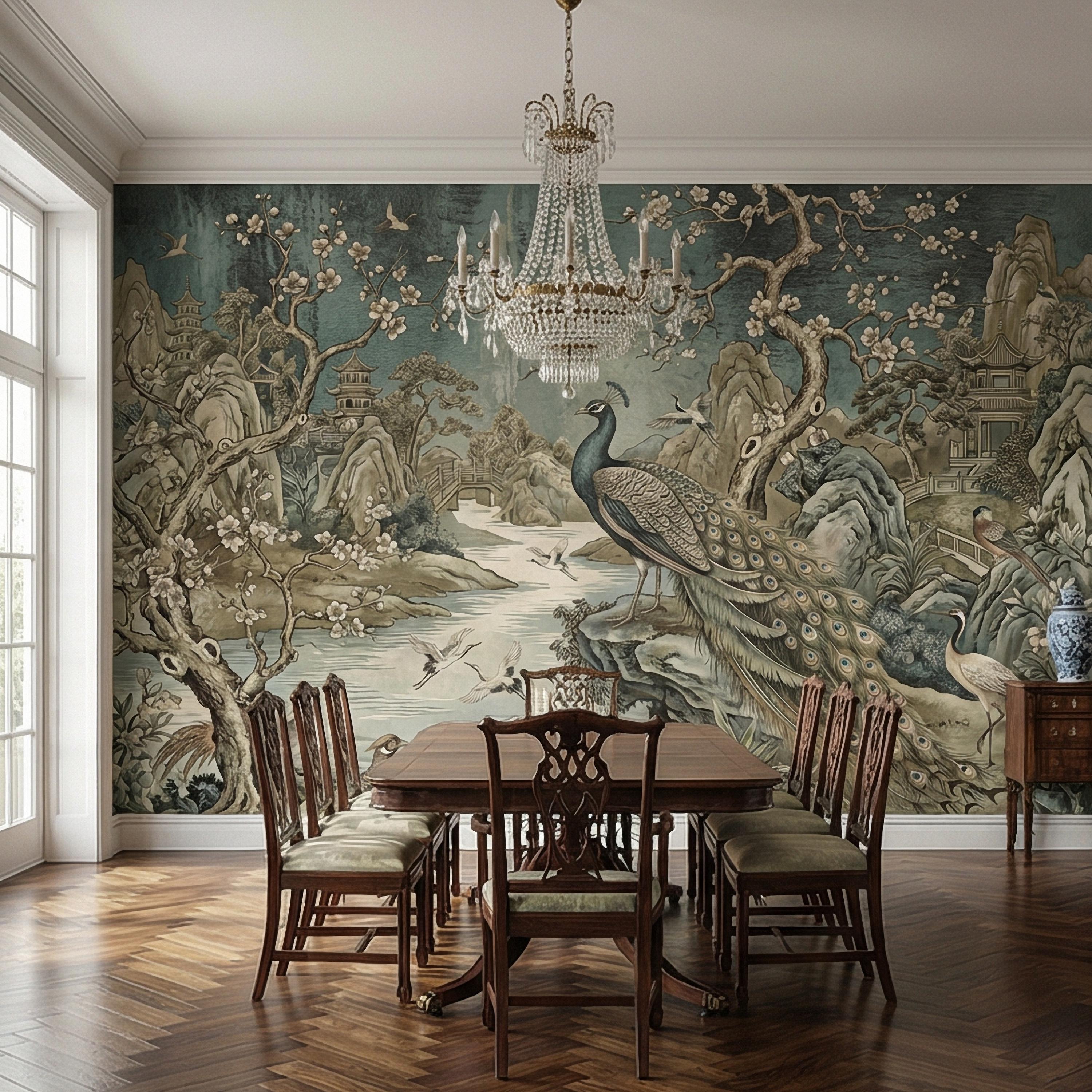 Chinoiserie Peacock Peel and Stick Wall Mural, Vintage Asian Landscape, Blossom Tree Pagoda Garden Wallpaper