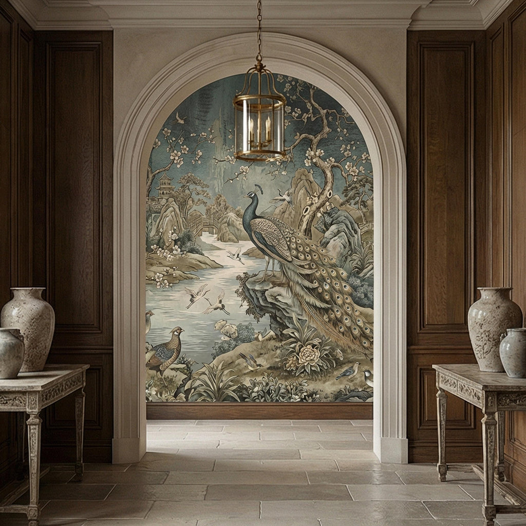 Chinoiserie Peacock Peel and Stick Wall Mural, Vintage Asian Landscape, Blossom Tree Pagoda Garden Wallpaper