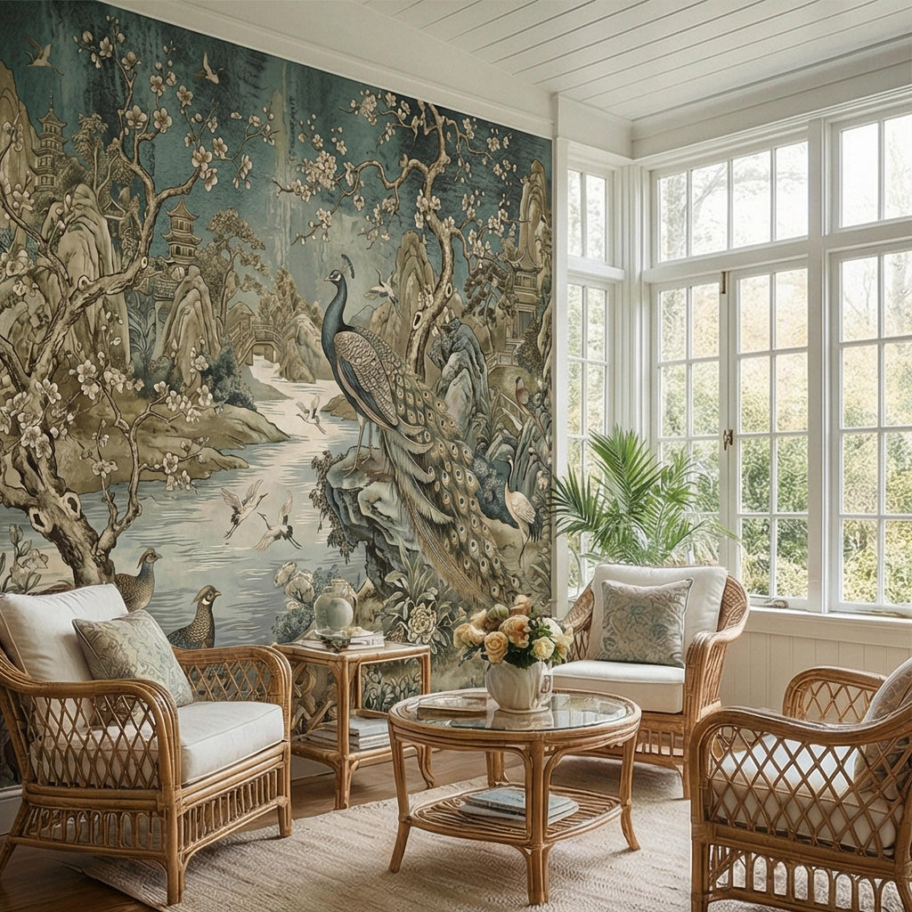Chinoiserie Peacock Peel and Stick Wall Mural, Vintage Asian Landscape, Blossom Tree Pagoda Garden Wallpaper
