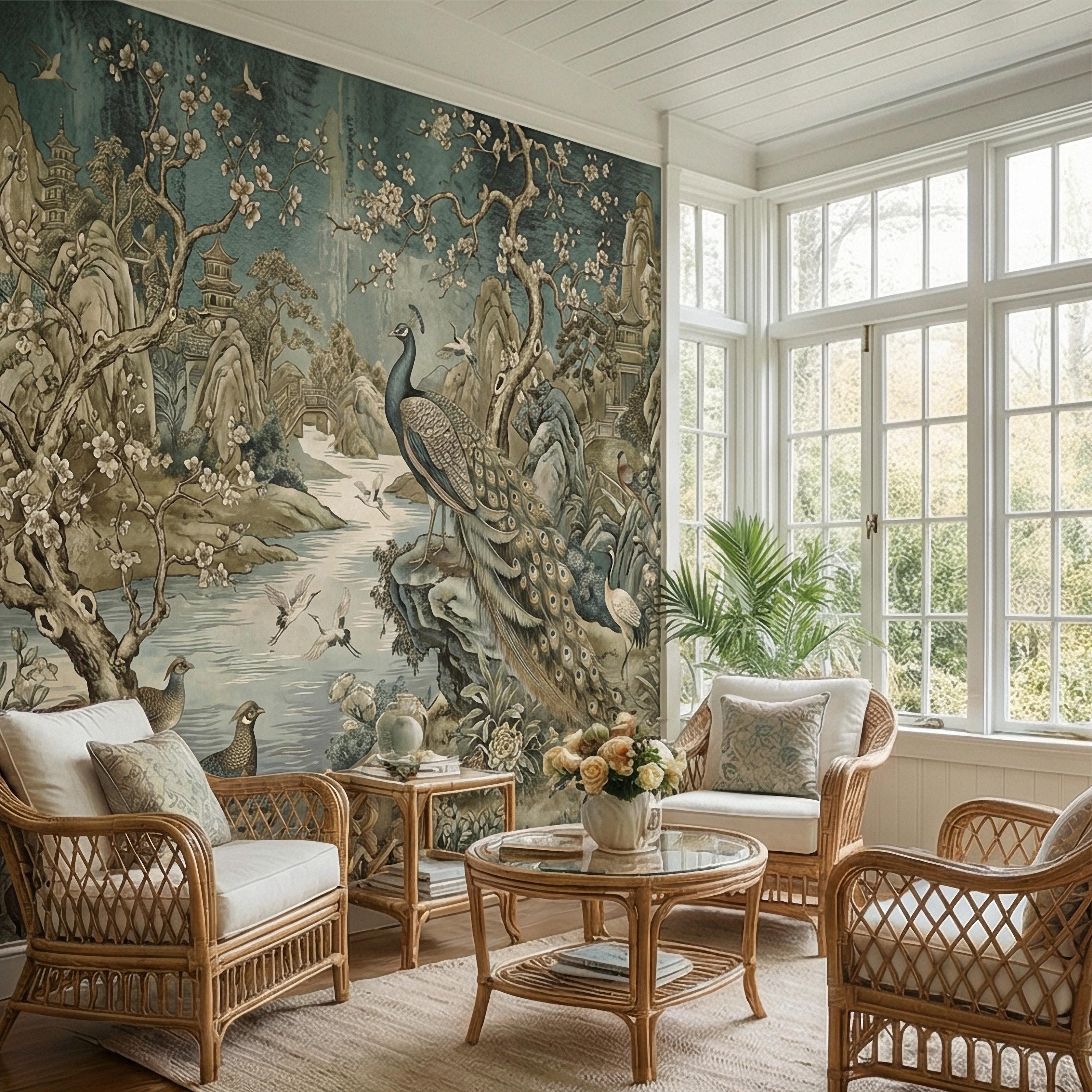 Chinoiserie Peacock Peel and Stick Wall Mural, Vintage Asian Landscape, Blossom Tree Pagoda Garden Wallpaper