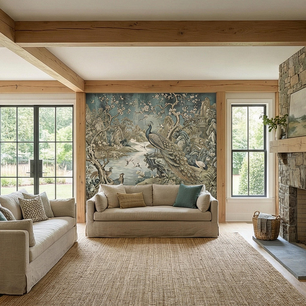 Chinoiserie Peacock Peel and Stick Wall Mural, Vintage Asian Landscape, Blossom Tree Pagoda Garden Wallpaper
