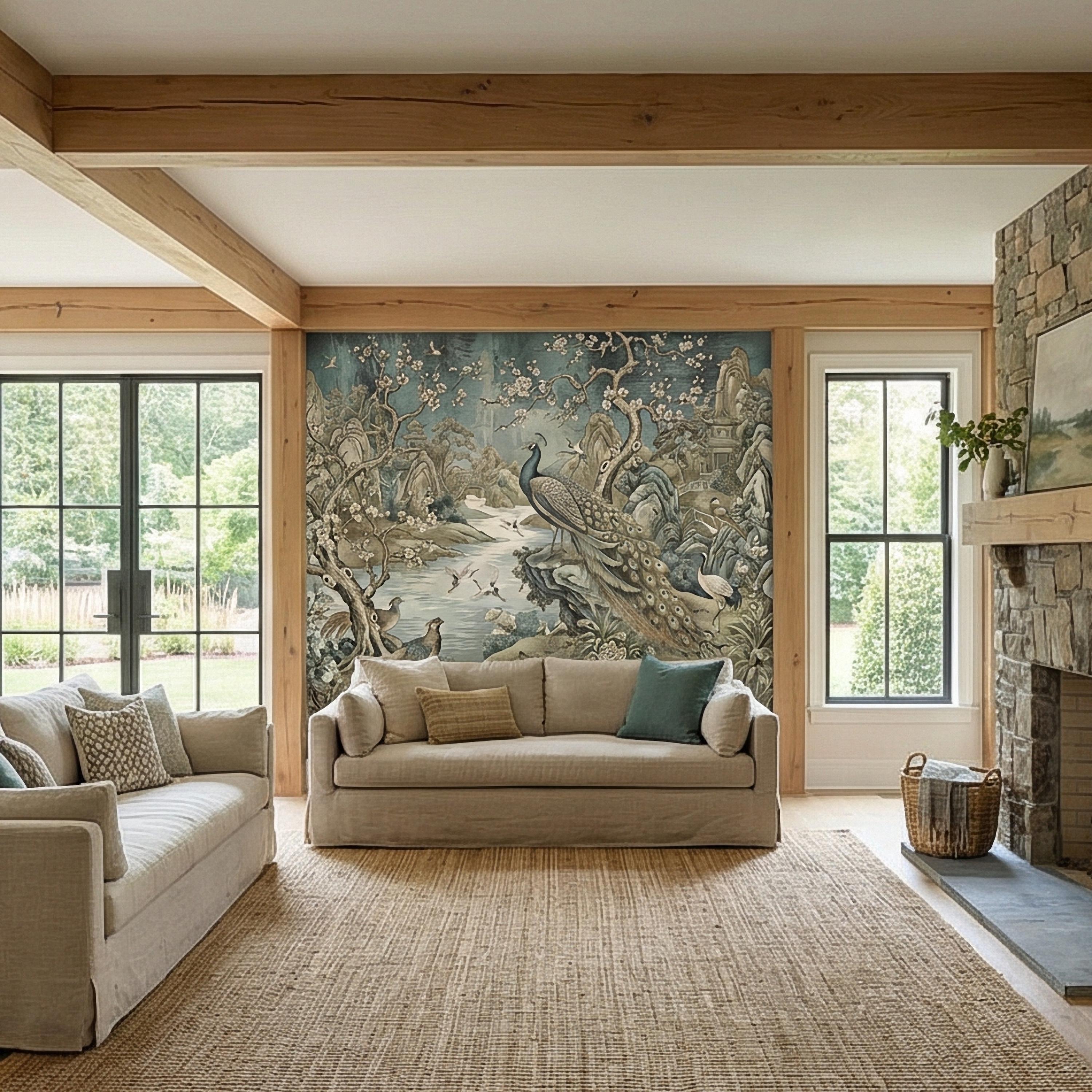 Chinoiserie Peacock Peel and Stick Wall Mural, Vintage Asian Landscape, Blossom Tree Pagoda Garden Wallpaper