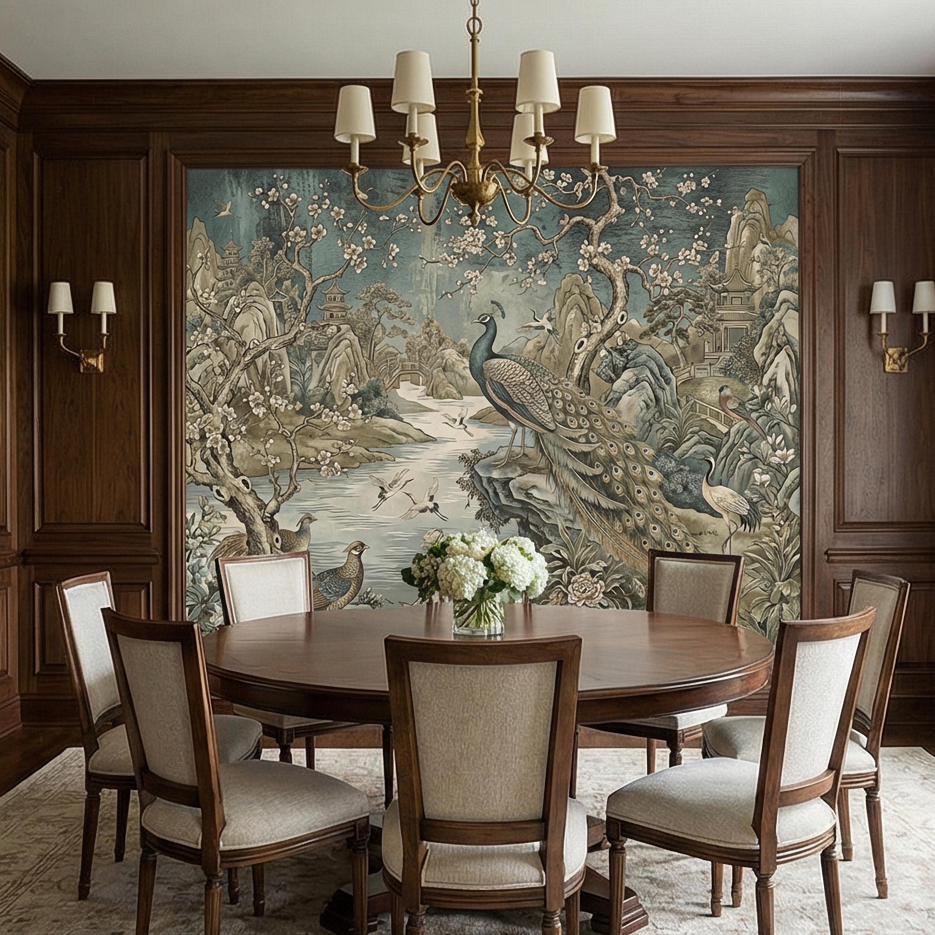 Chinoiserie Peacock Peel and Stick Wall Mural, Vintage Asian Landscape, Blossom Tree Pagoda Garden Wallpaper