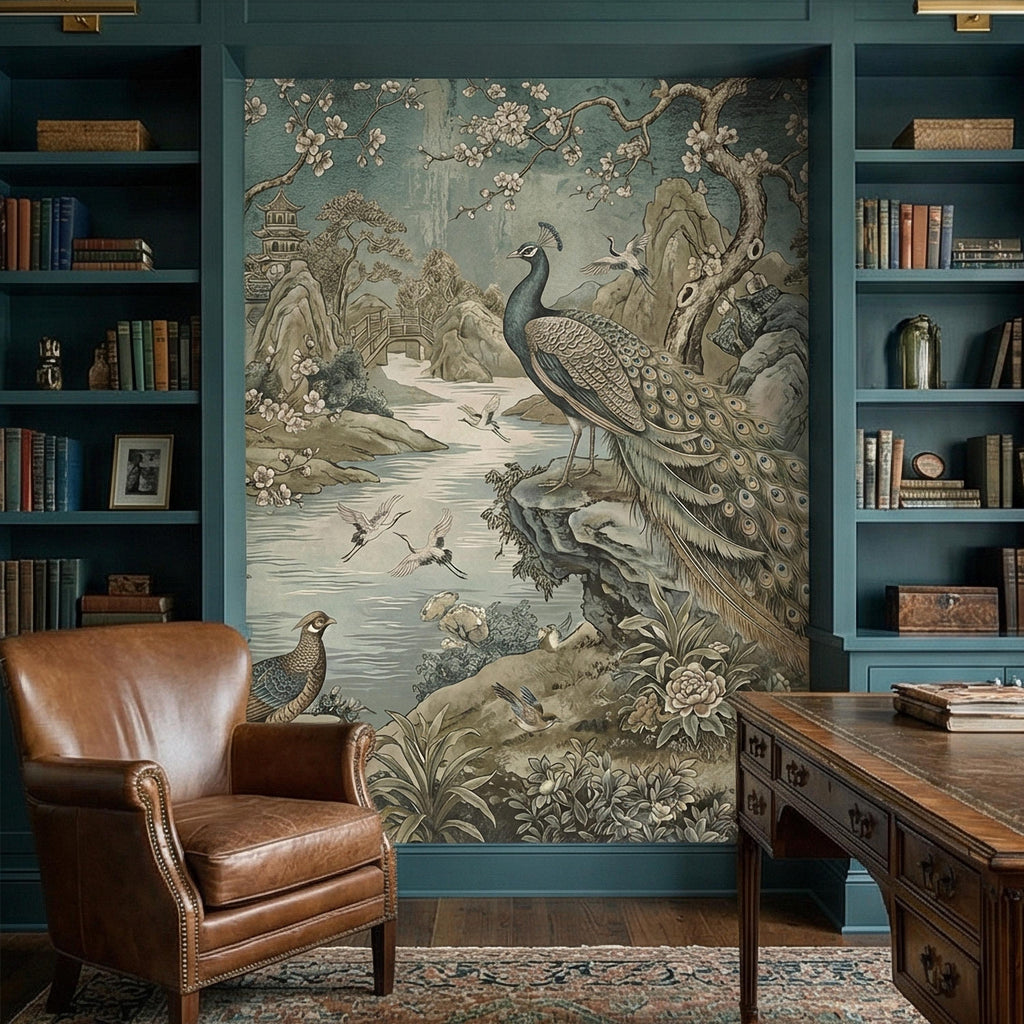 Chinoiserie Peacock Peel and Stick Wall Mural, Vintage Asian Landscape, Blossom Tree Pagoda Garden Wallpaper