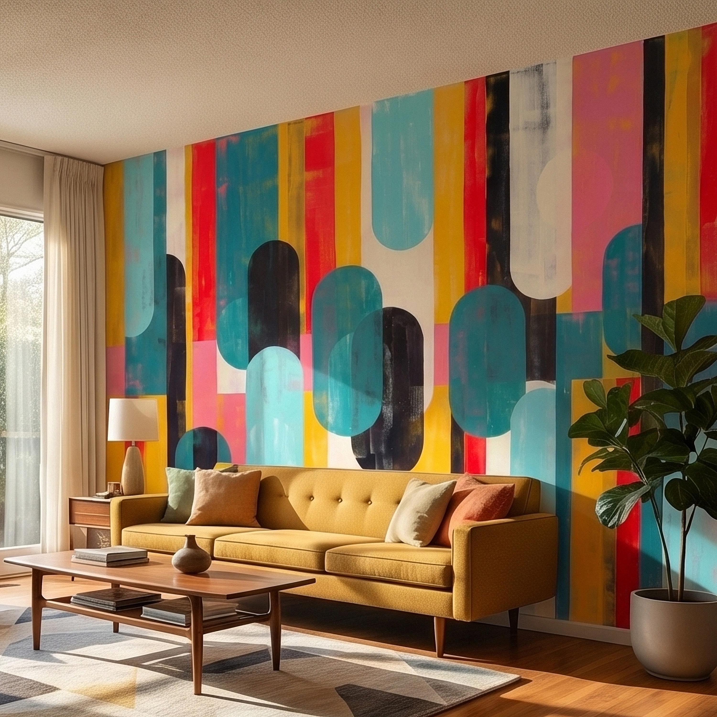 Mid Century Modern Abstract Peel and Stick Wall Mural, Colorful Geometric Stripes and Ovals Teal Yellow Red Pink, Retro Pop Art Wallpaper