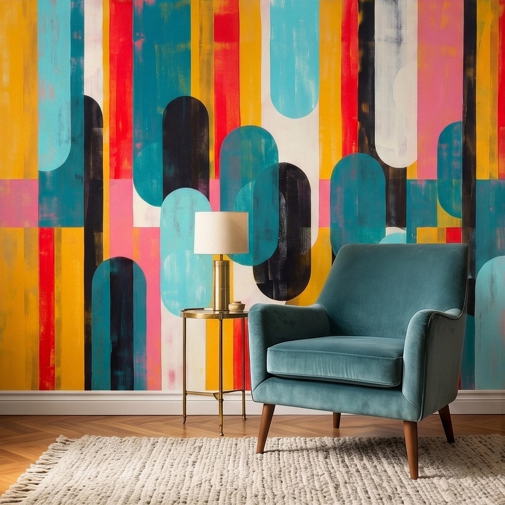 Mid Century Modern Abstract Peel and Stick Wall Mural, Colorful Geometric Stripes and Ovals Teal Yellow Red Pink, Retro Pop Art Wallpaper