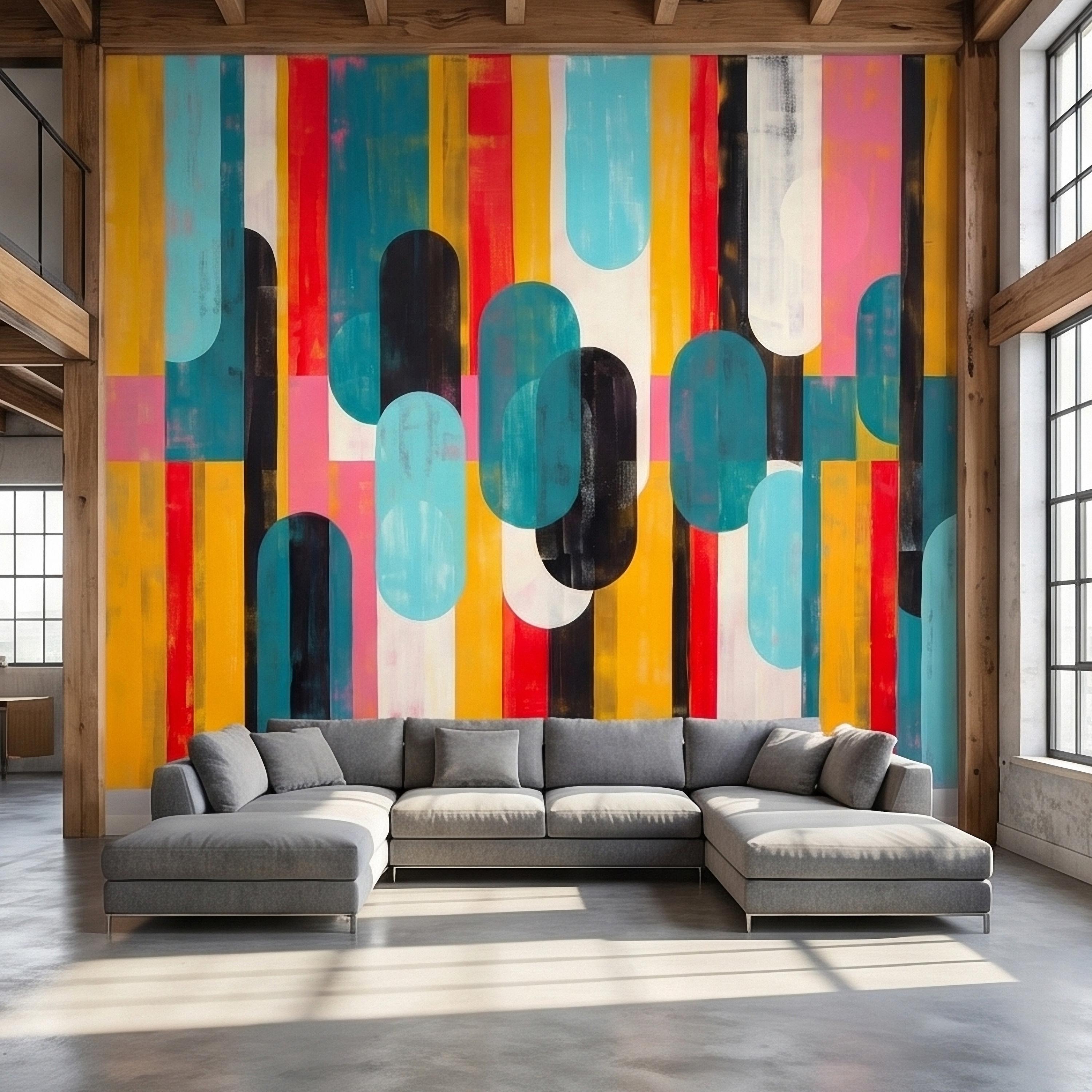 Mid Century Modern Abstract Peel and Stick Wall Mural, Colorful Geometric Stripes and Ovals Teal Yellow Red Pink, Retro Pop Art Wallpaper