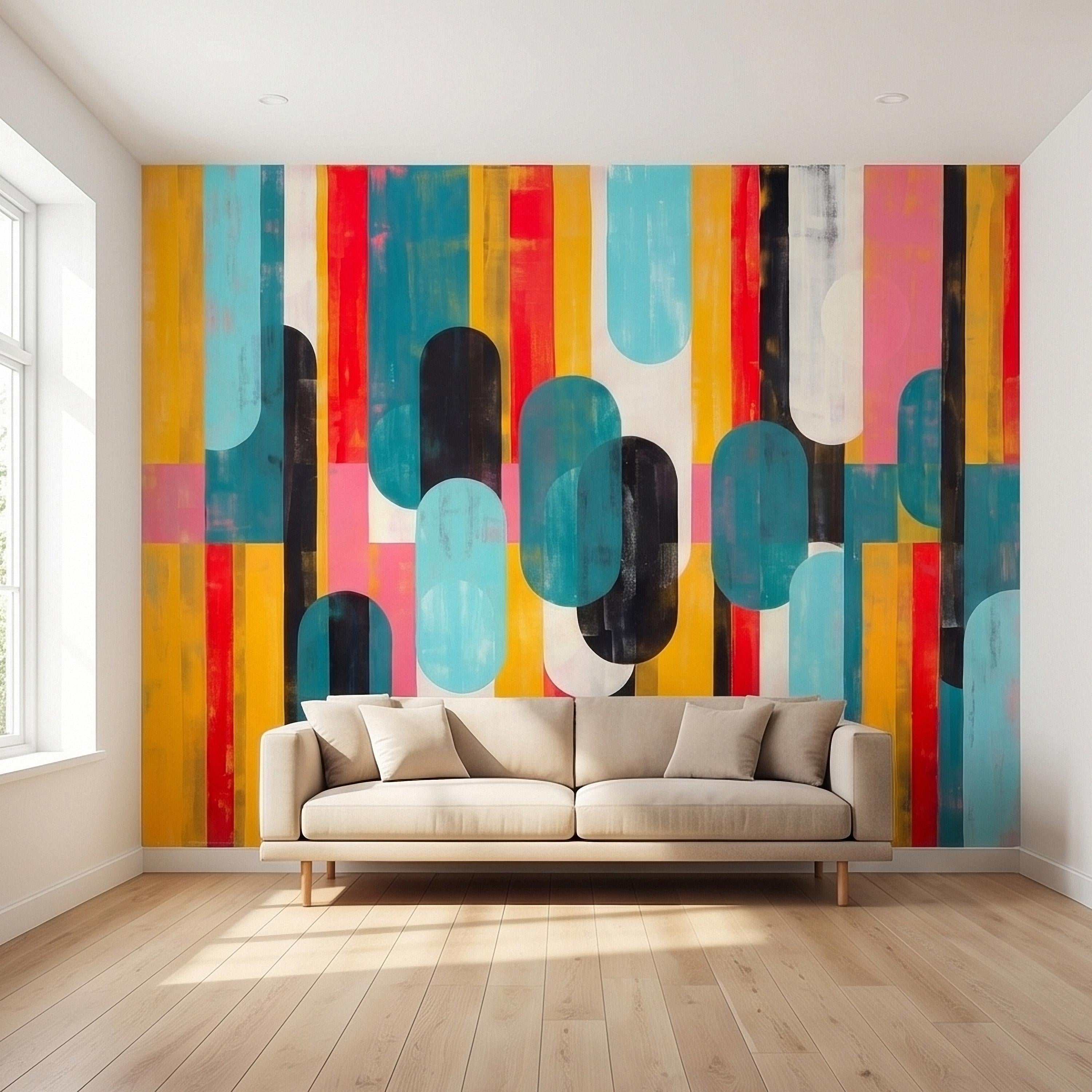 Mid Century Modern Abstract Peel and Stick Wall Mural, Colorful Geometric Stripes and Ovals Teal Yellow Red Pink, Retro Pop Art Wallpaper