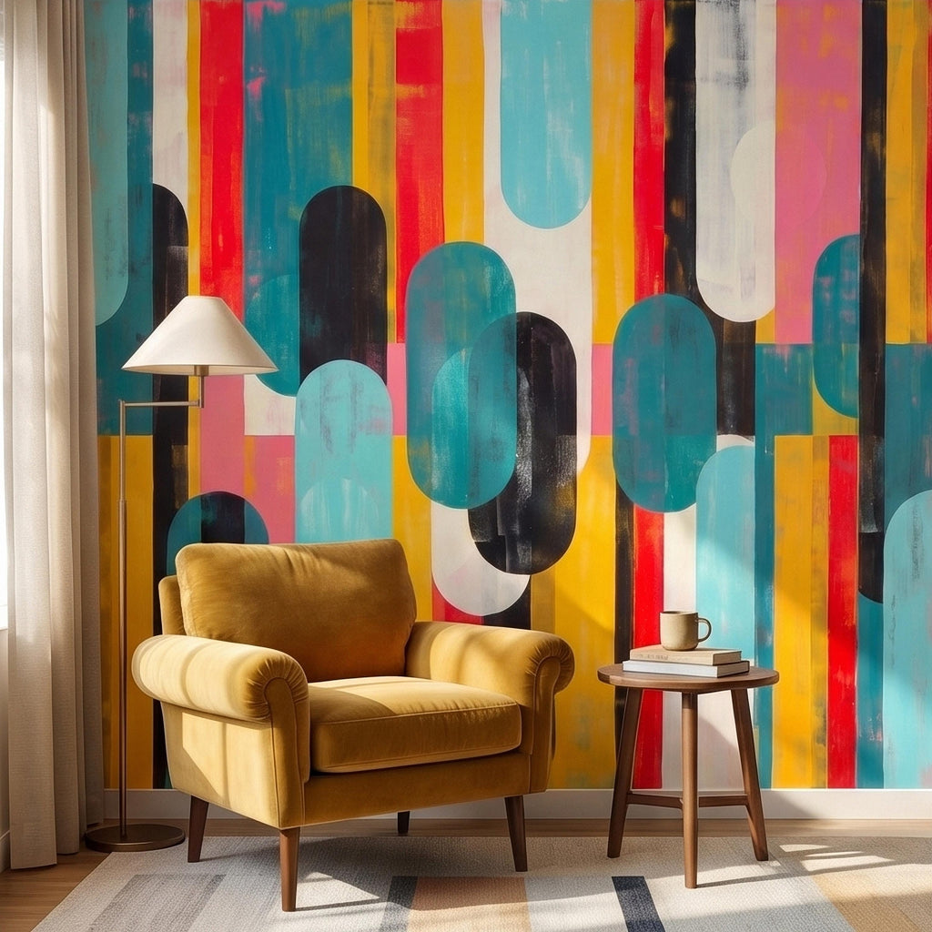 Mid Century Modern Abstract Peel and Stick Wall Mural, Colorful Geometric Stripes and Ovals Teal Yellow Red Pink, Retro Pop Art Wallpaper