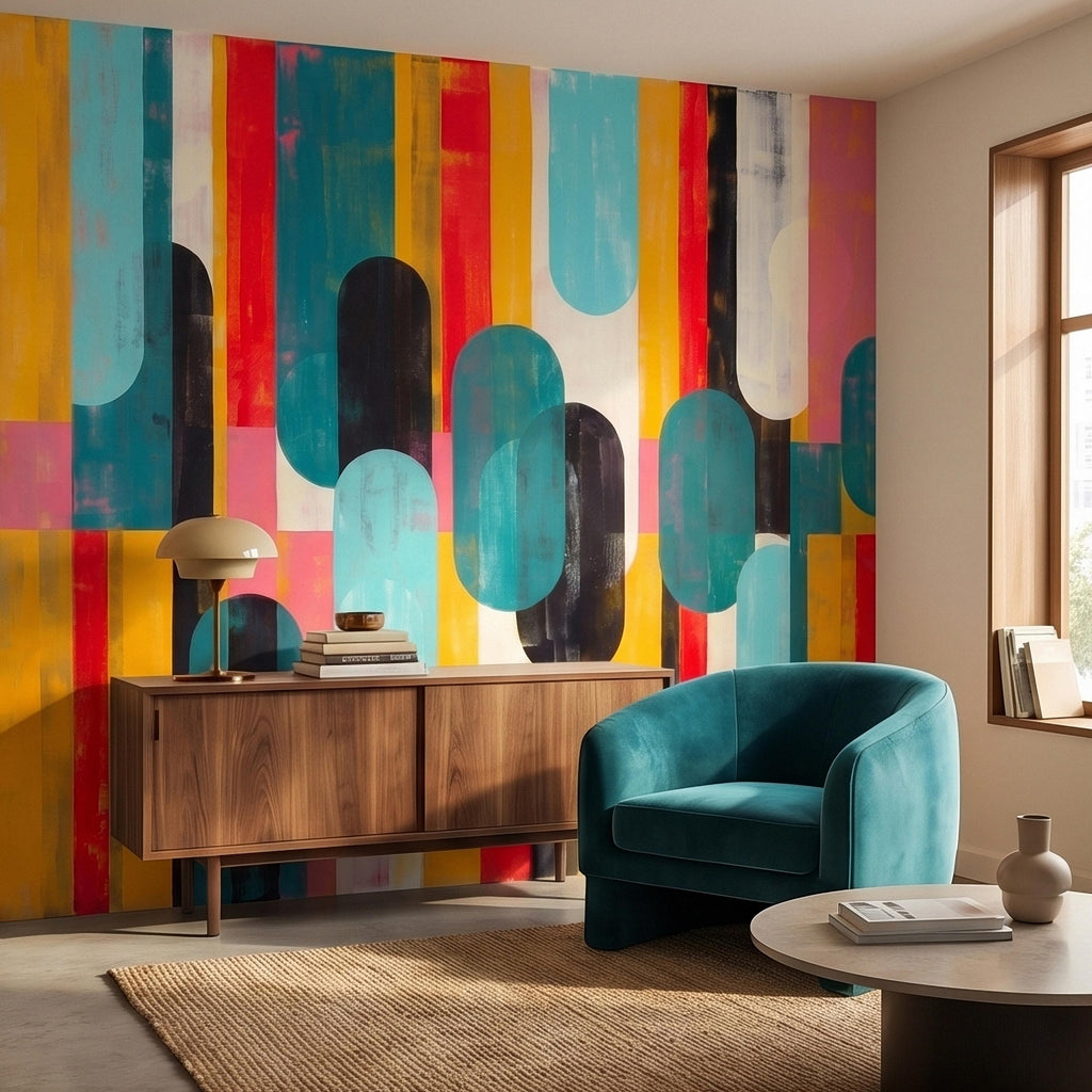 Mid Century Modern Abstract Peel and Stick Wall Mural, Colorful Geometric Stripes and Ovals Teal Yellow Red Pink, Retro Pop Art Wallpaper
