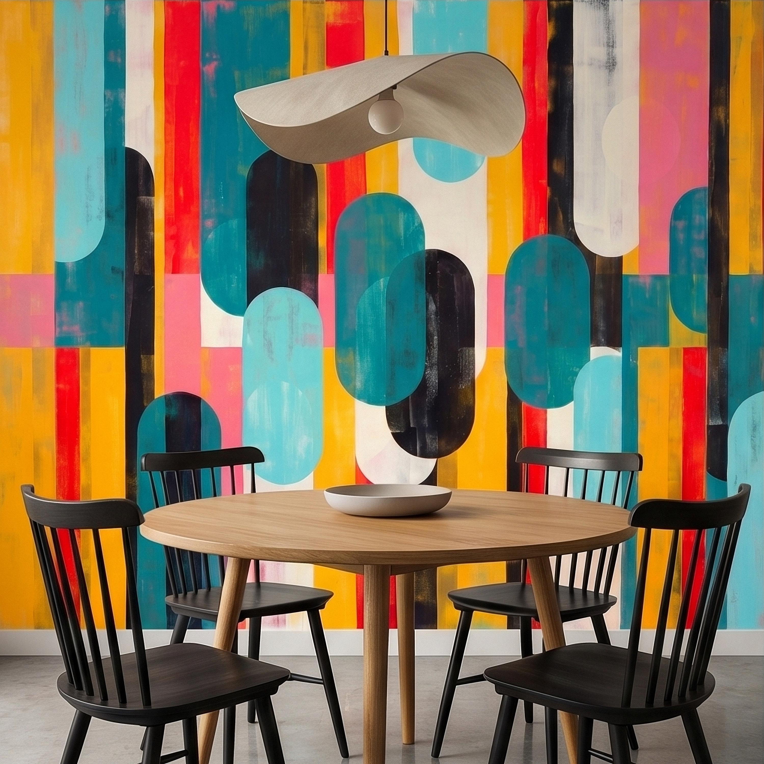 Mid Century Modern Abstract Peel and Stick Wall Mural, Colorful Geometric Stripes and Ovals Teal Yellow Red Pink, Retro Pop Art Wallpaper