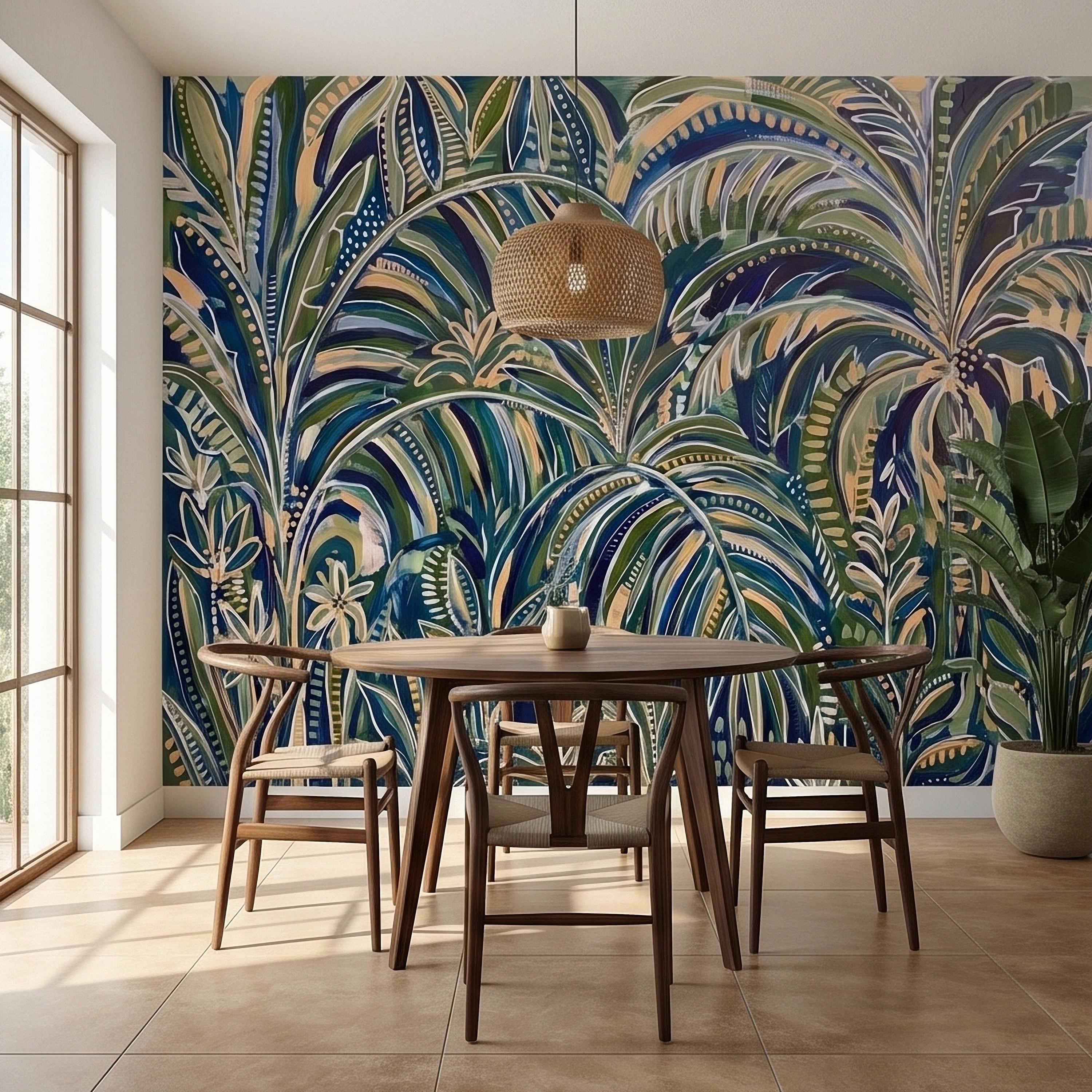 Tropical Palm Leaves Peel and Stick Wall Mural, Moody Green Navy Abstract Botanical Jungle Palm Fronds, Modern Boho Coastal Wallpaper