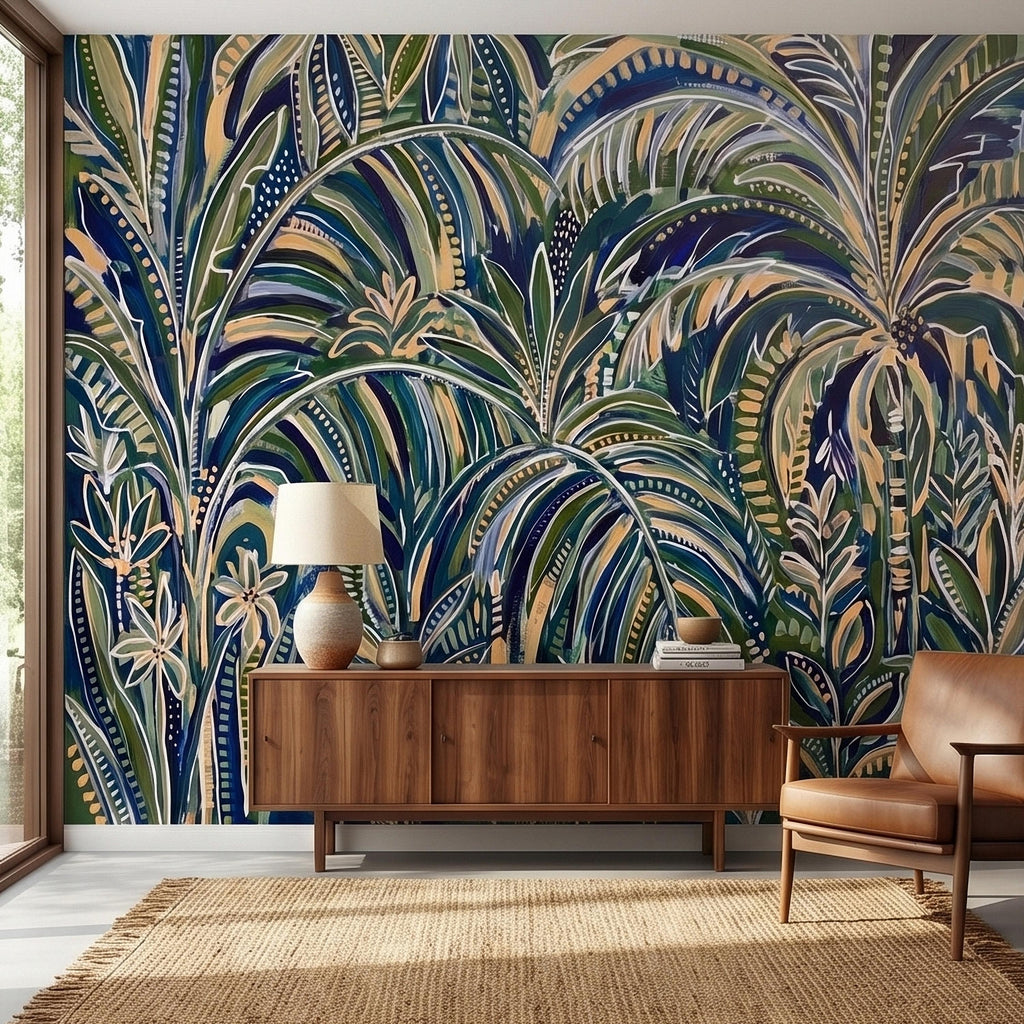 Tropical Palm Leaves Peel and Stick Wall Mural, Moody Green Navy Abstract Botanical Jungle Palm Fronds, Modern Boho Coastal Wallpaper