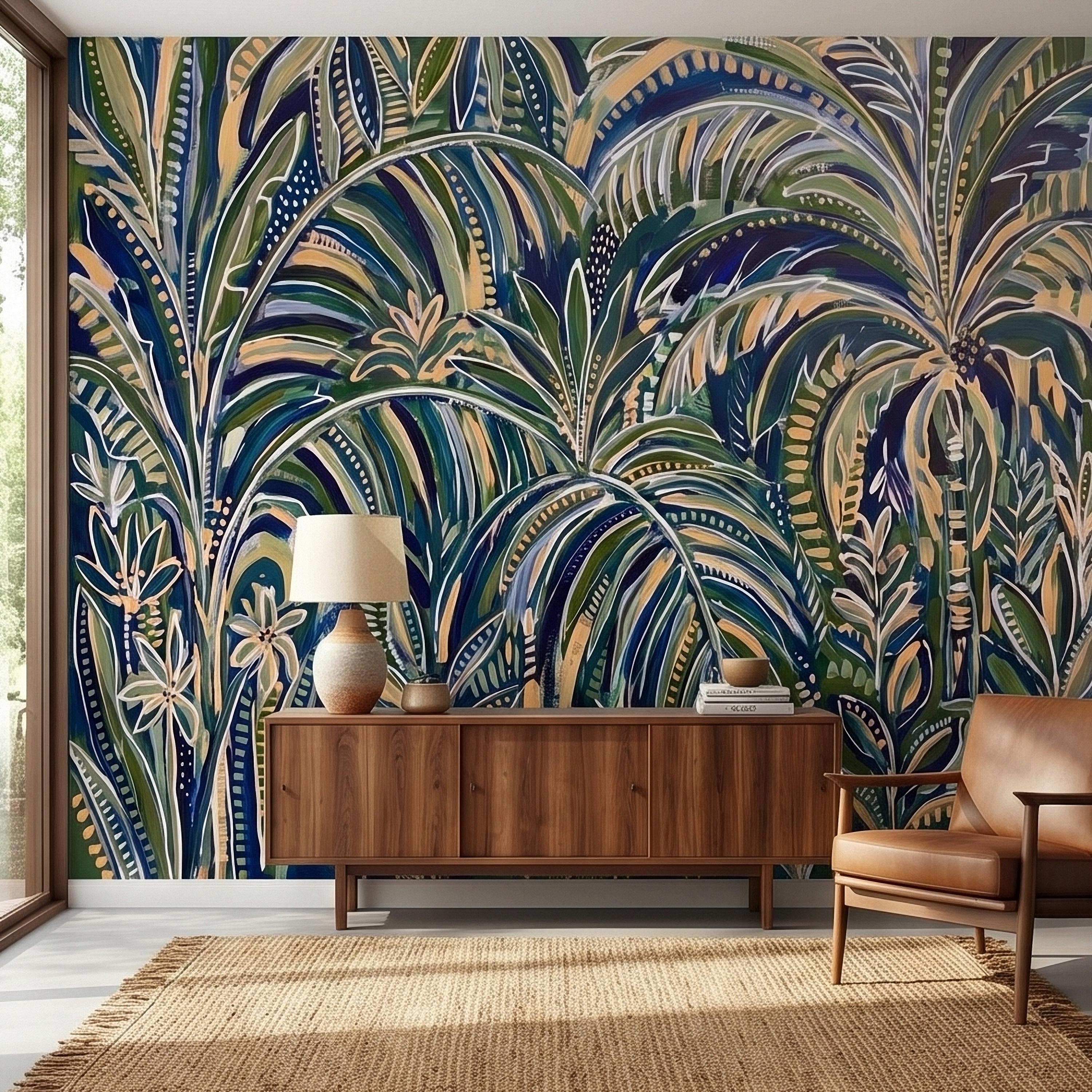 Tropical Palm Leaves Peel and Stick Wall Mural, Moody Green Navy Abstract Botanical Jungle Palm Fronds, Modern Boho Coastal Wallpaper