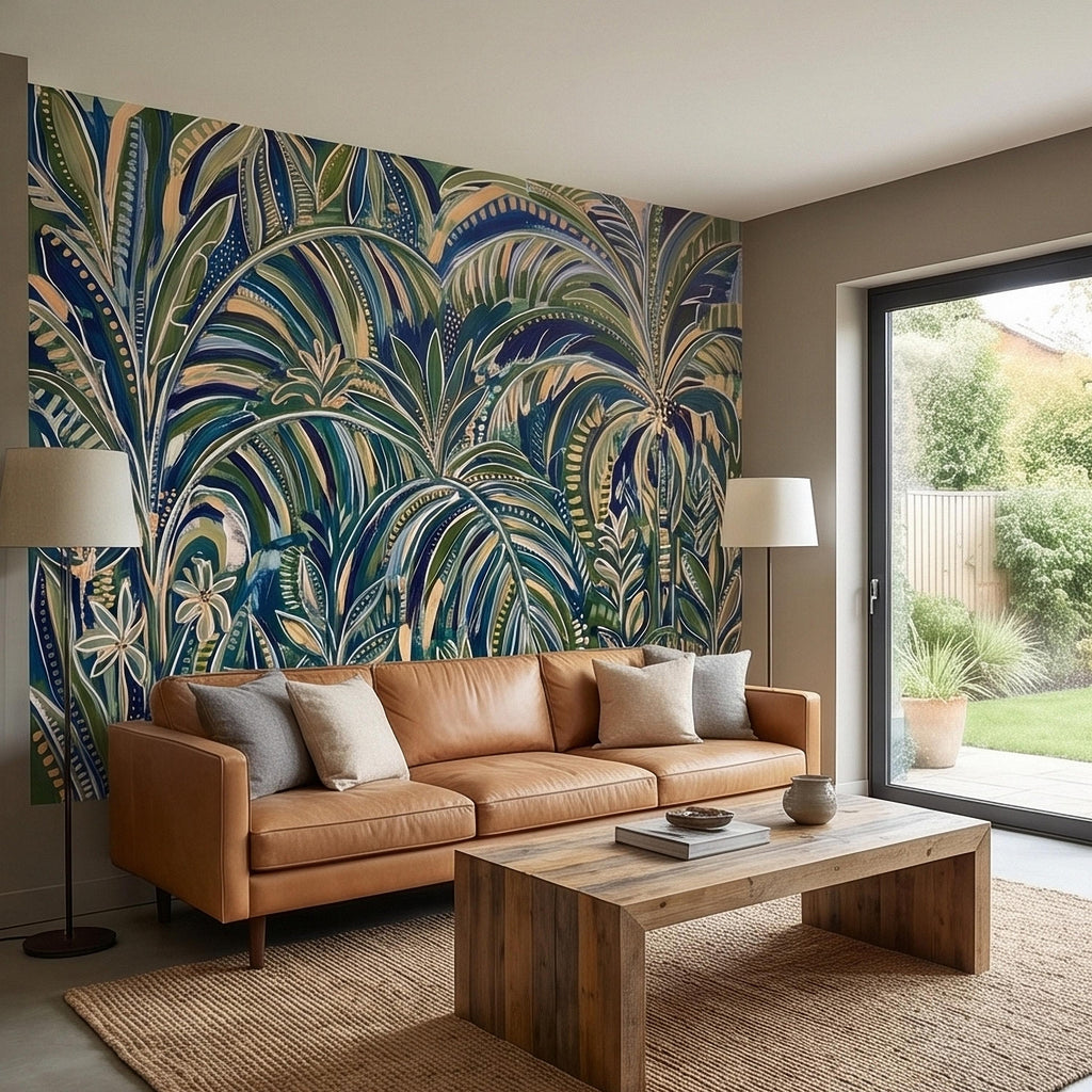 Tropical Palm Leaves Peel and Stick Wall Mural, Moody Green Navy Abstract Botanical Jungle Palm Fronds, Modern Boho Coastal Wallpaper