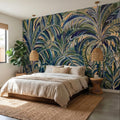 Tropical Palm Leaves Peel and Stick Wall Mural, Moody Green Navy Abstract Botanical Jungle Palm Fronds, Modern Boho Coastal Wallpaper