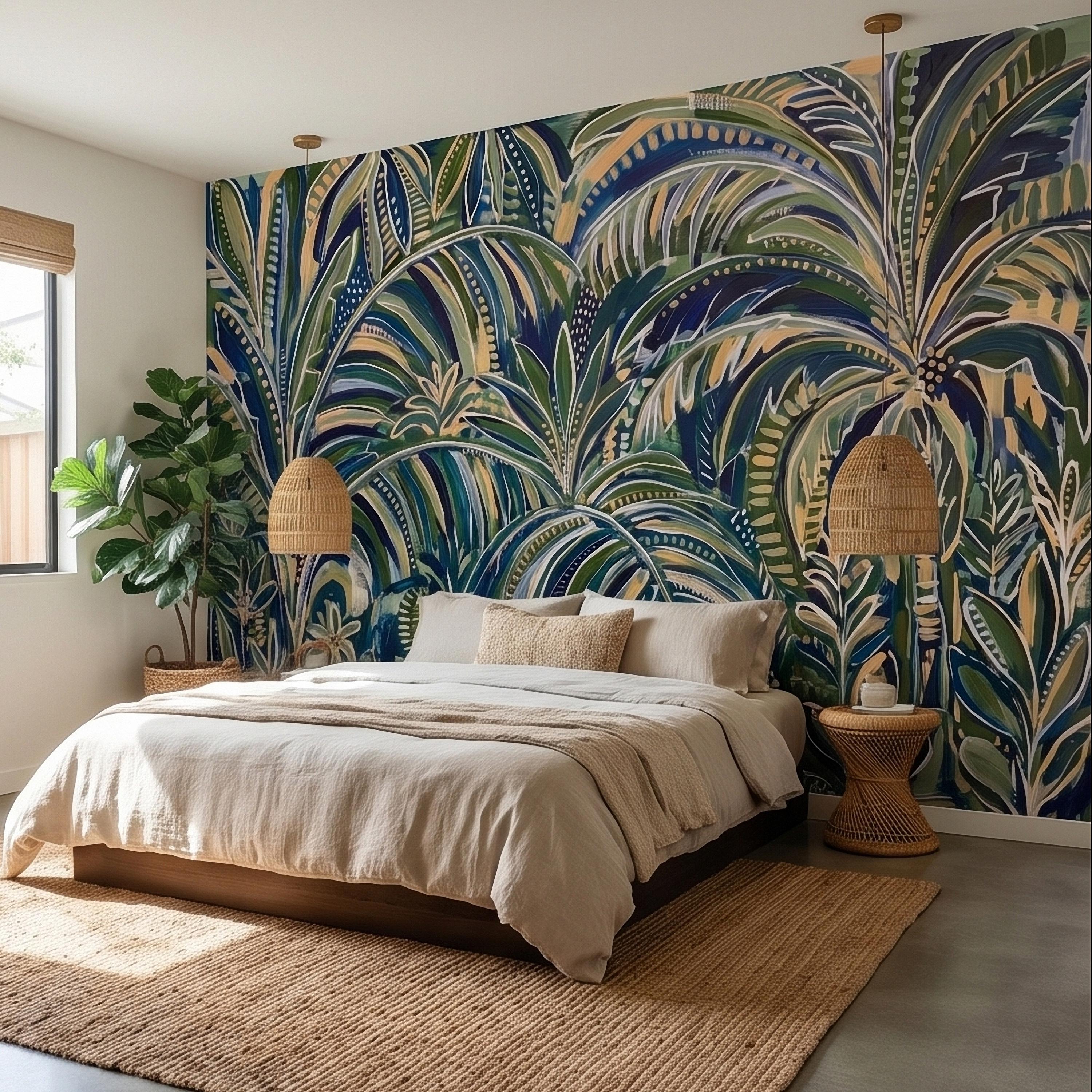 Tropical Palm Leaves Peel and Stick Wall Mural, Moody Green Navy Abstract Botanical Jungle Palm Fronds, Modern Boho Coastal Wallpaper
