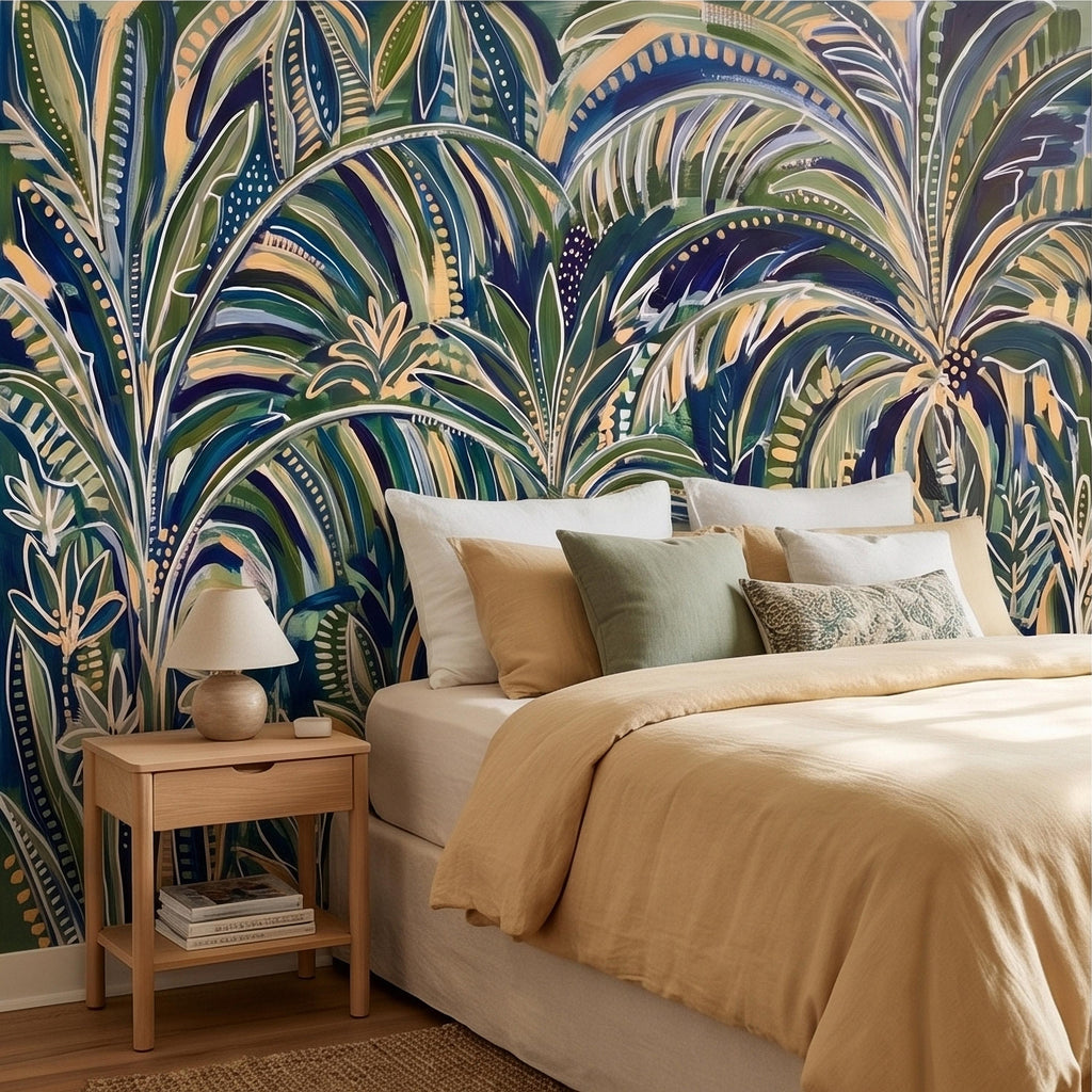 Tropical Palm Leaves Peel and Stick Wall Mural, Moody Green Navy Abstract Botanical Jungle Palm Fronds, Modern Boho Coastal Wallpaper