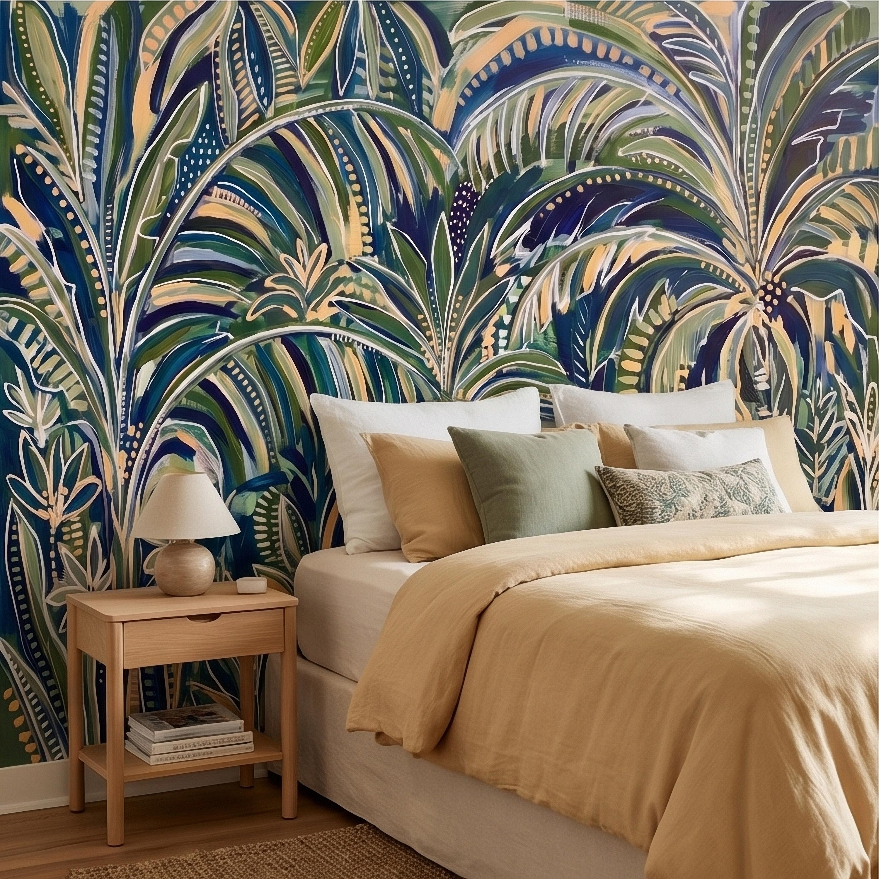 Tropical Palm Leaves Peel and Stick Wall Mural, Moody Green Navy Abstract Botanical Jungle Palm Fronds, Modern Boho Coastal Wallpaper