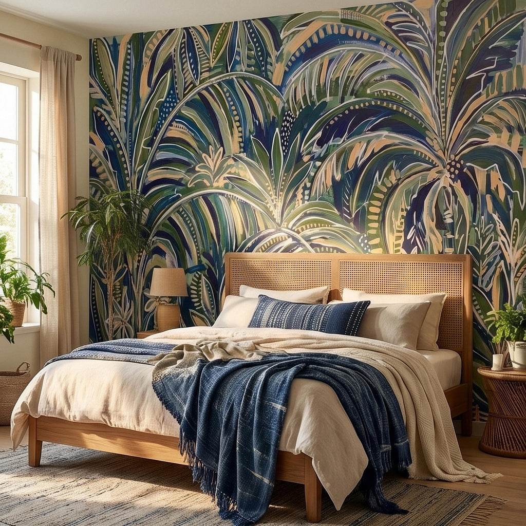 Tropical Palm Leaves Peel and Stick Wall Mural, Moody Green Navy Abstract Botanical Jungle Palm Fronds, Modern Boho Coastal Wallpaper