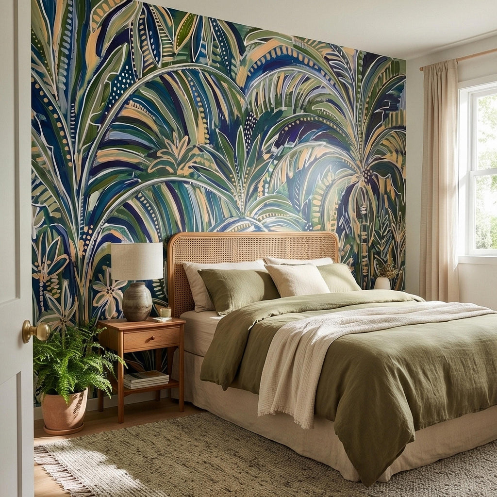 Tropical Palm Leaves Peel and Stick Wall Mural, Moody Green Navy Abstract Botanical Jungle Palm Fronds, Modern Boho Coastal Wallpaper