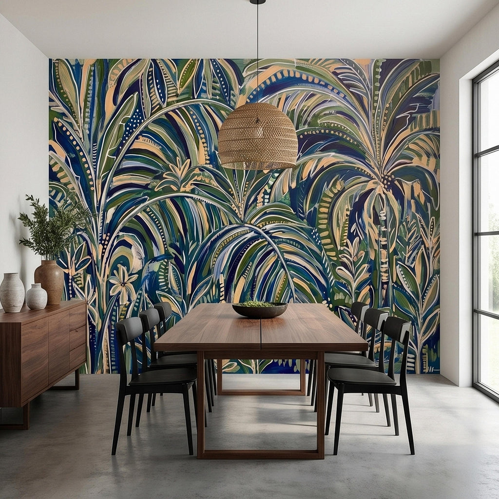Tropical Palm Leaves Peel and Stick Wall Mural, Moody Green Navy Abstract Botanical Jungle Palm Fronds, Modern Boho Coastal Wallpaper