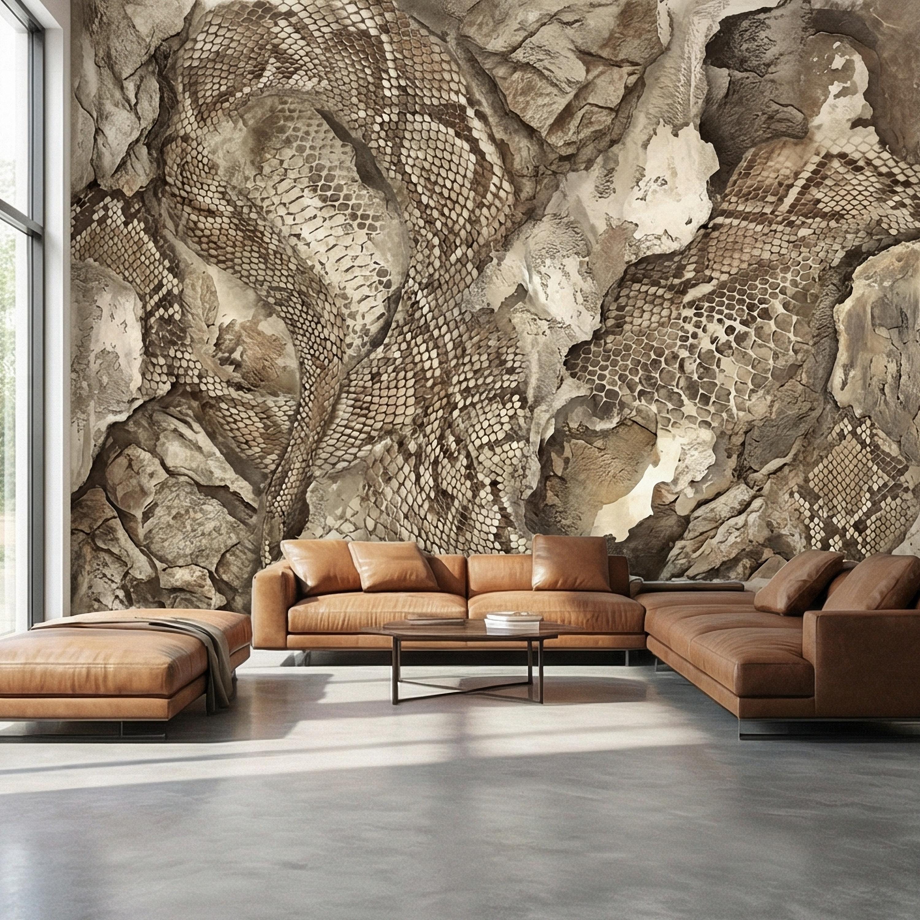 Snakeskin Texture Peel and Stick Wall Mural, Distressed Reptile Scale, Weathered Stone Surface, Neutral Earth Tone Python Wallpaper