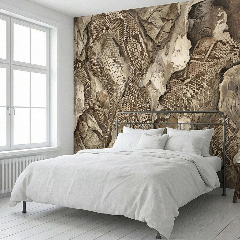 Snakeskin Texture Peel and Stick Wall Mural, Distressed Reptile Scale, Weathered Stone Surface, Neutral Earth Tone Python Wallpaper