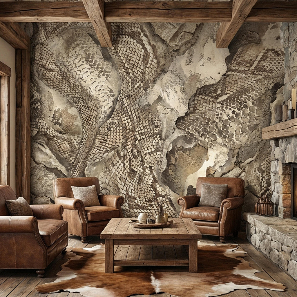 Snakeskin Texture Peel and Stick Wall Mural, Distressed Reptile Scale, Weathered Stone Surface, Neutral Earth Tone Python Wallpaper