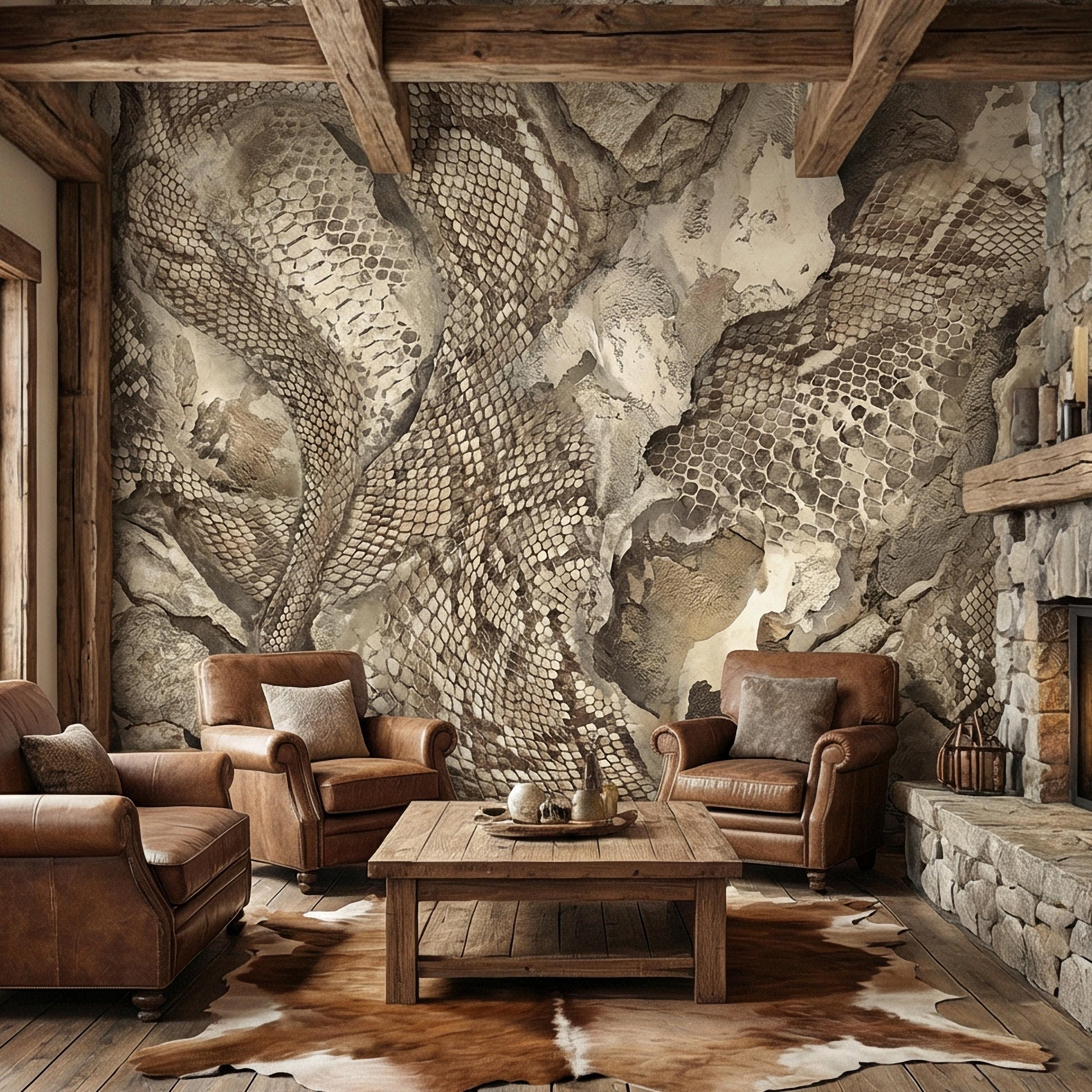 Snakeskin Texture Peel and Stick Wall Mural, Distressed Reptile Scale, Weathered Stone Surface, Neutral Earth Tone Python Wallpaper