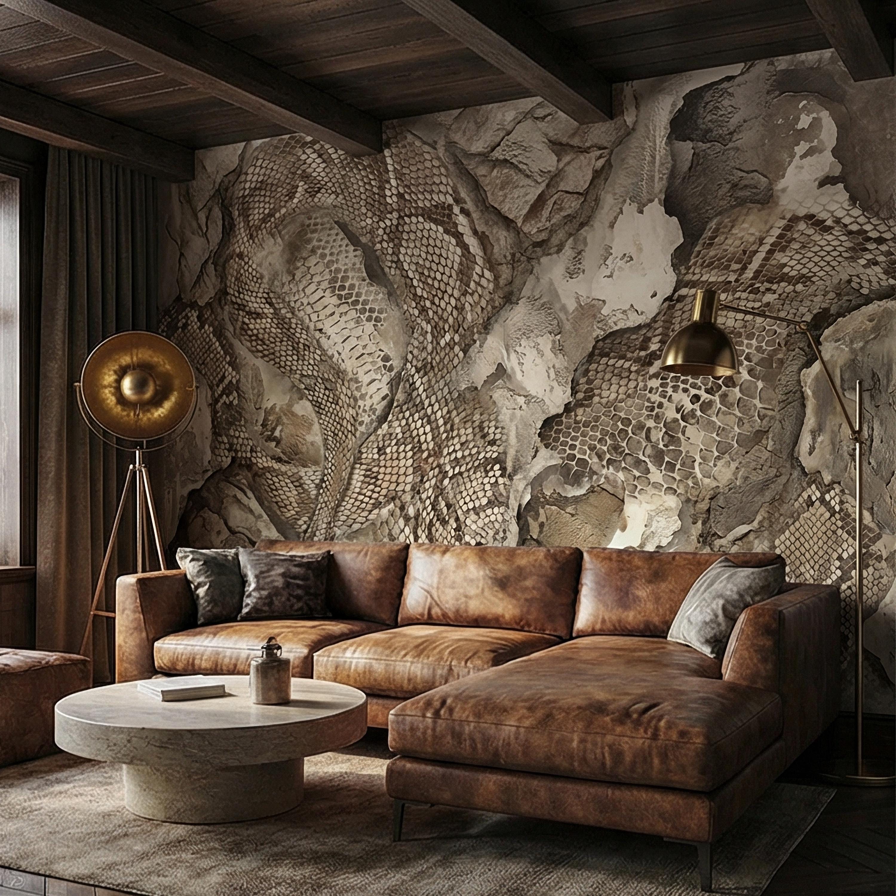 Snakeskin Texture Peel and Stick Wall Mural, Distressed Reptile Scale, Weathered Stone Surface, Neutral Earth Tone Python Wallpaper