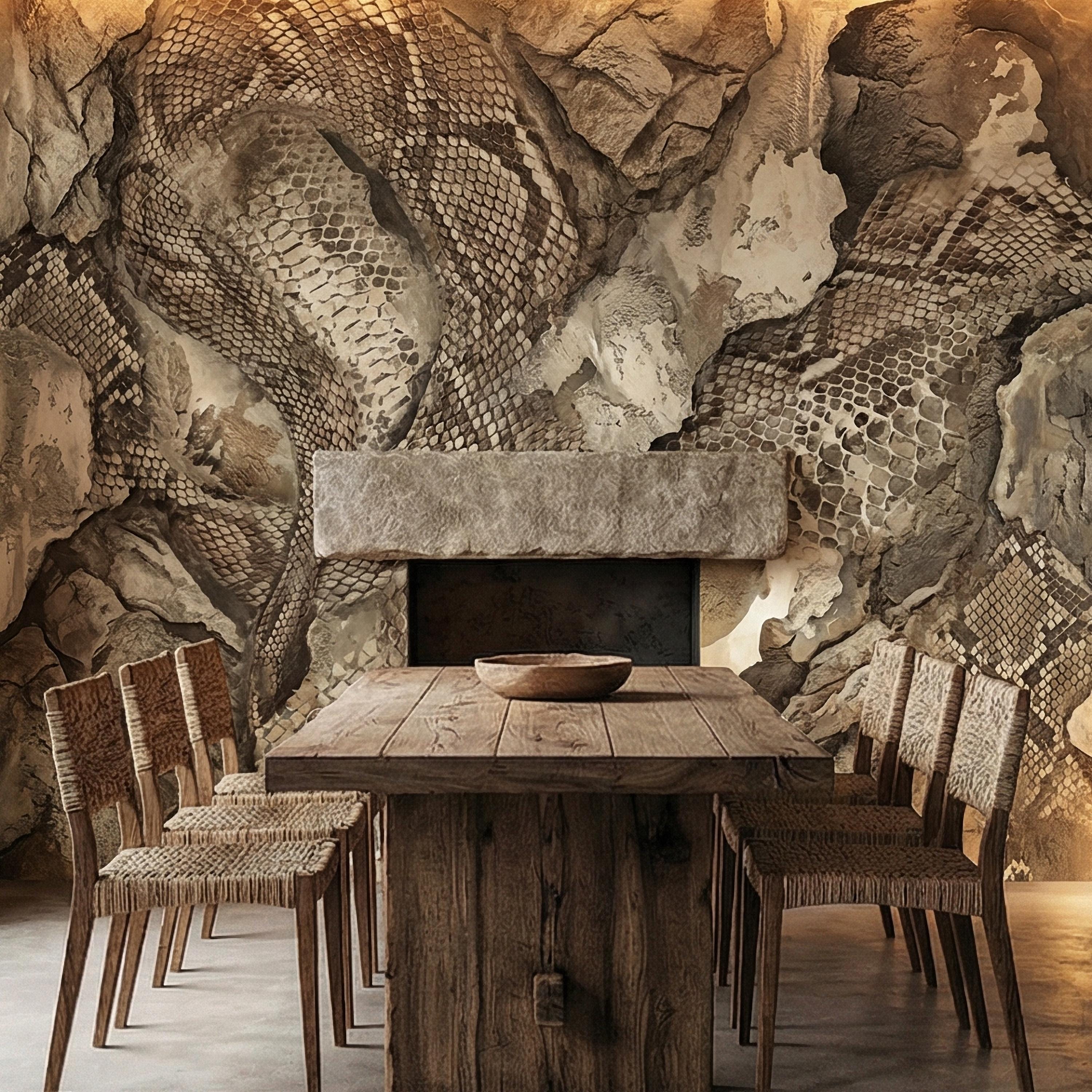 Snakeskin Texture Peel and Stick Wall Mural, Distressed Reptile Scale, Weathered Stone Surface, Neutral Earth Tone Python Wallpaper